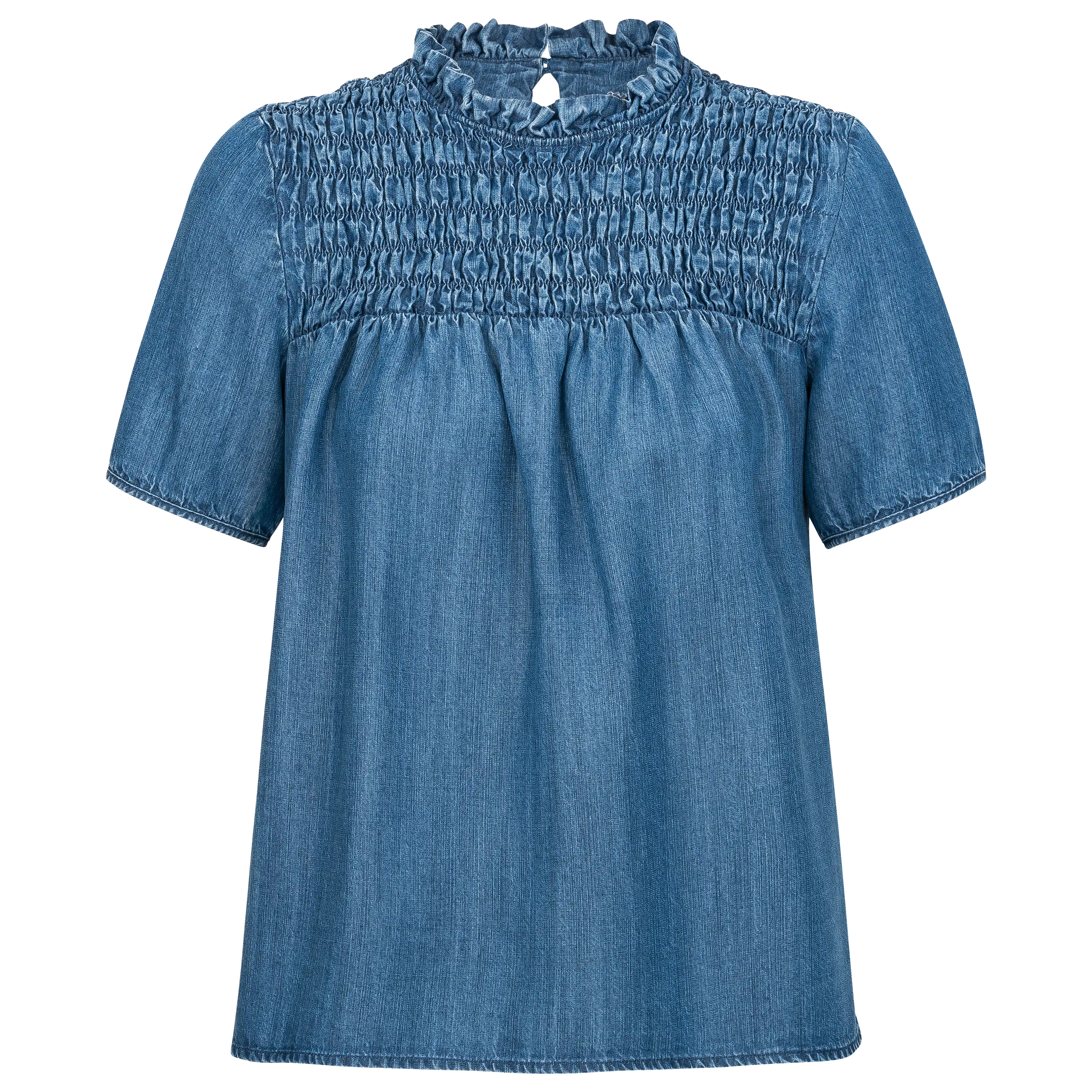Blaue Jeansbluse mit gesmoktem Stehkragen für professionelle Produktfotografie von PRO-ducto GmbH.