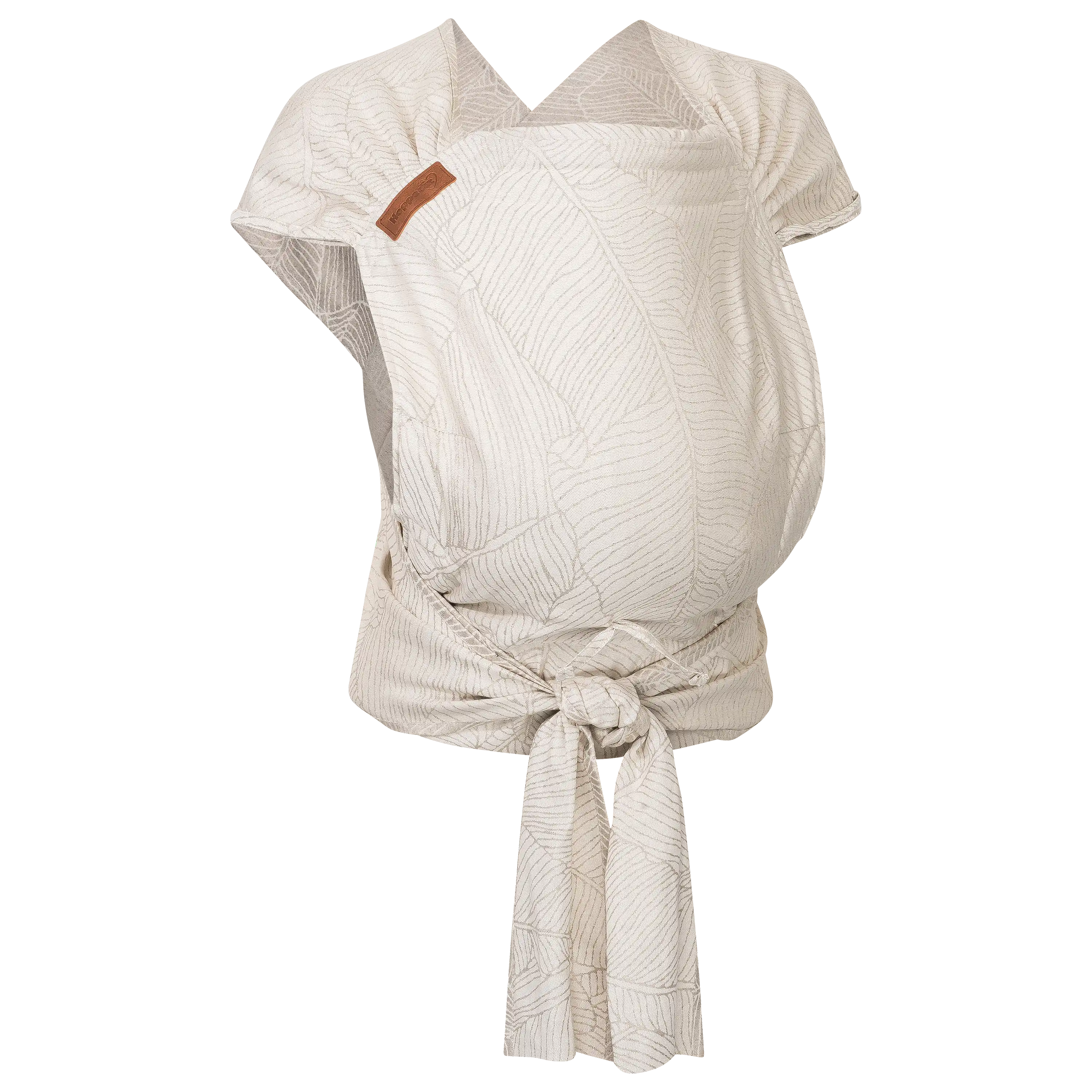Professionelle Produktfotografie einer hellen Babytrage mit Blattmuster von Hoppediz, ideal für Textilfotografie und hochwertige Produktbilder.