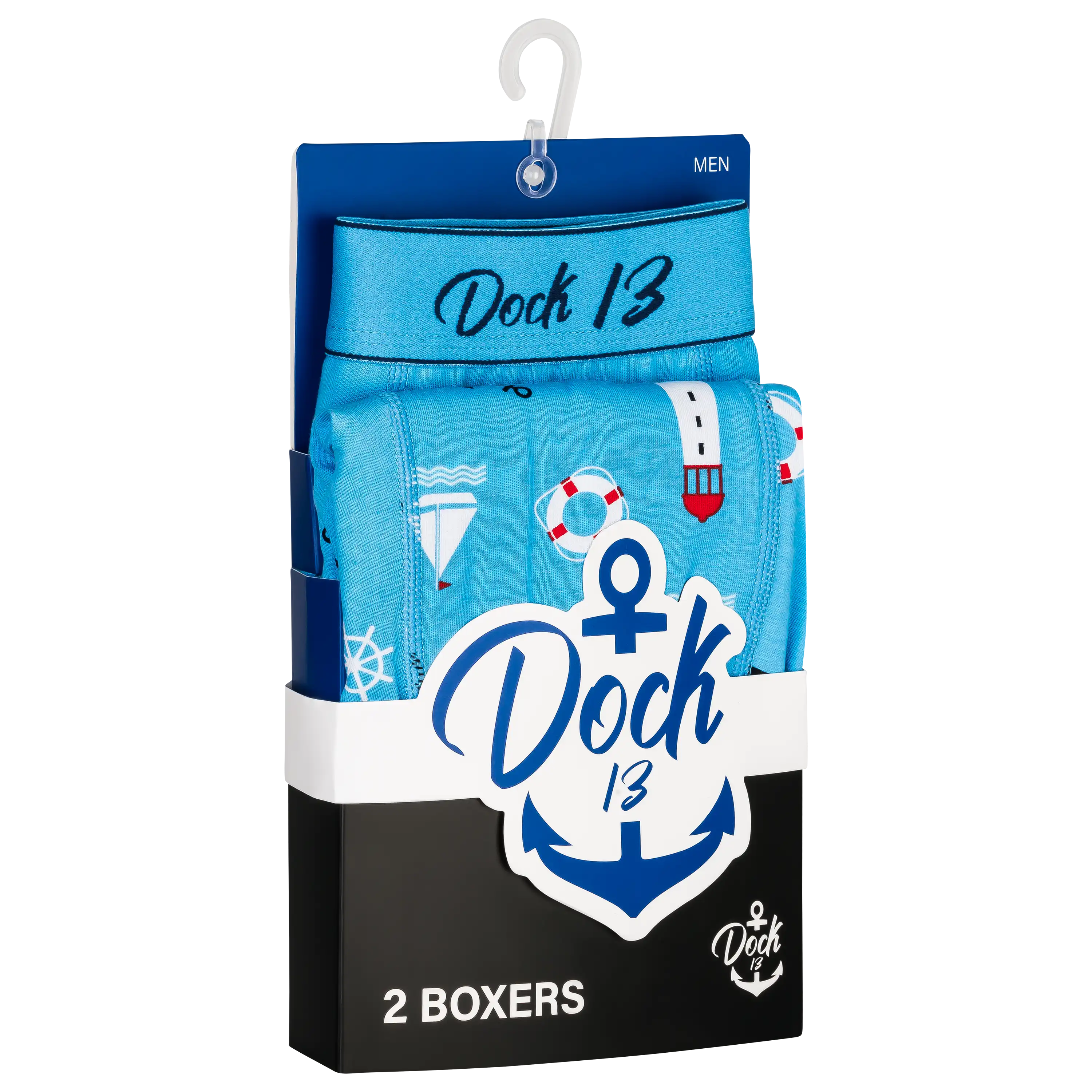 Professionelle Produktfotografie von Dock 13 Boxershorts mit maritimem Muster für die Textilfotografie.