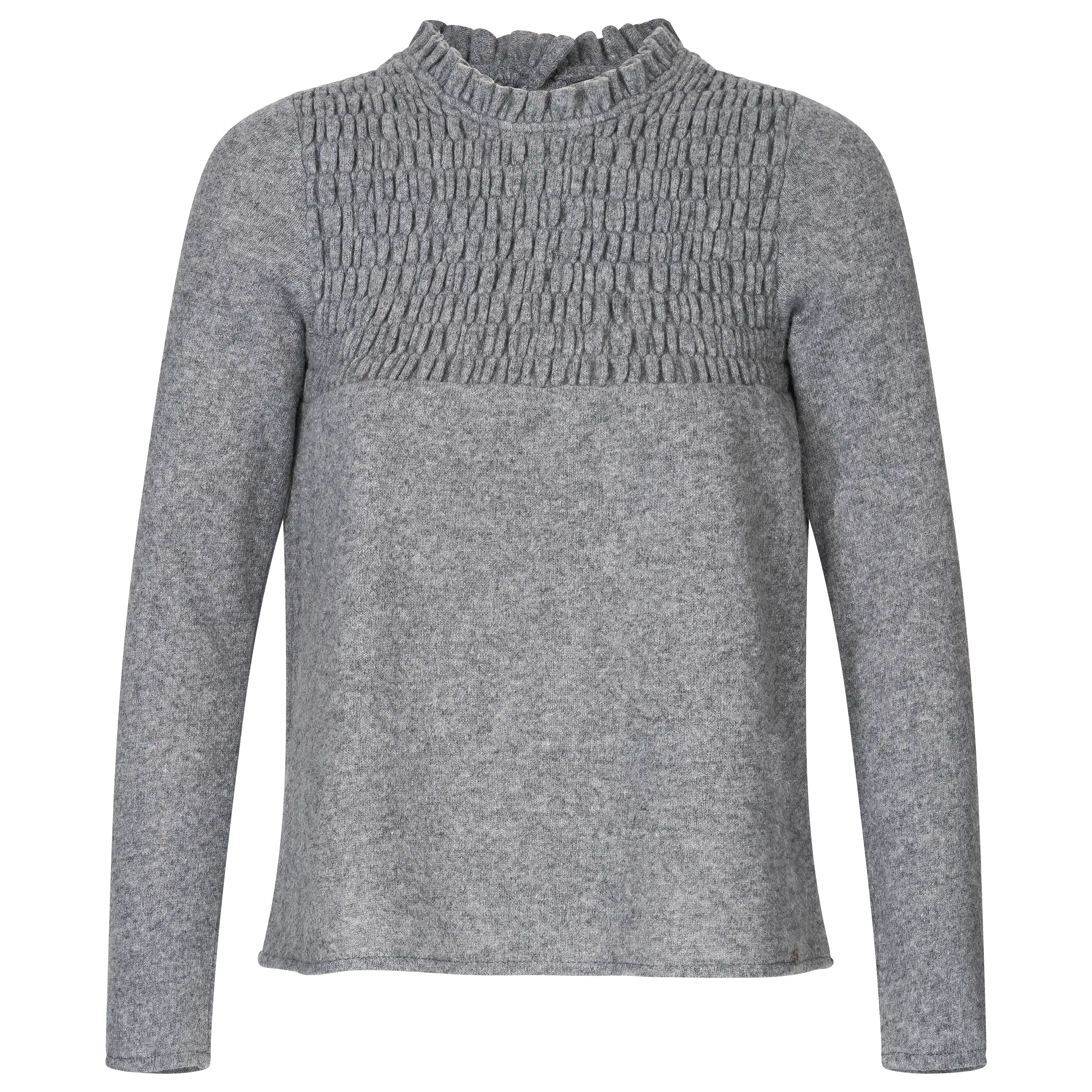 Grauer Pullover mit Stehkragen und gesmokter Brustpartie für professionelle Produktfotografie von PRO-ducto GmbH, ideal um Bekleidung zu fotografieren.
