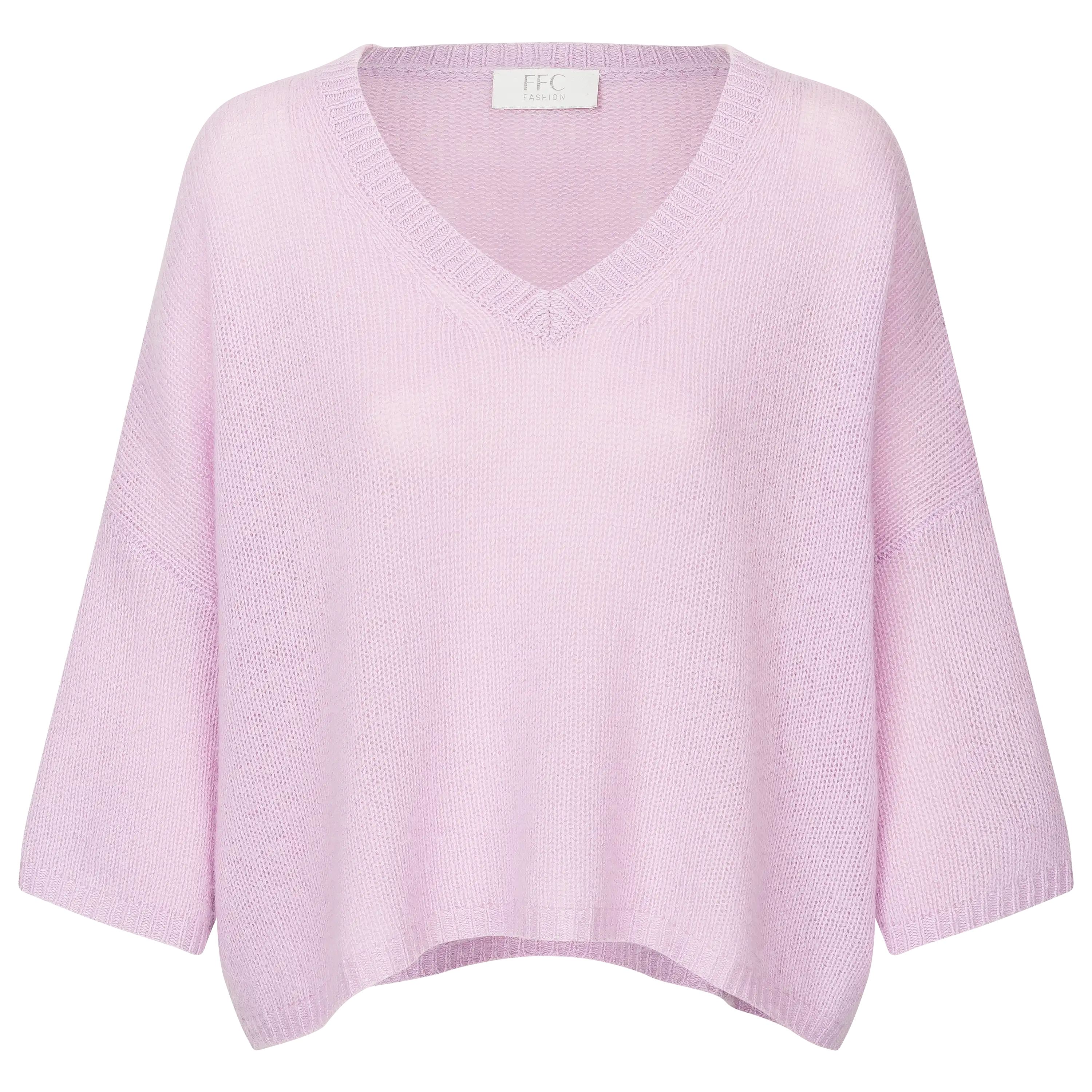 Ein helllila FFC Fashion Pullover mit V-Ausschnitt für professionelle Produktfotografie von PRO-ducto GmbH, ideal für hochwertige Textilfotografie.