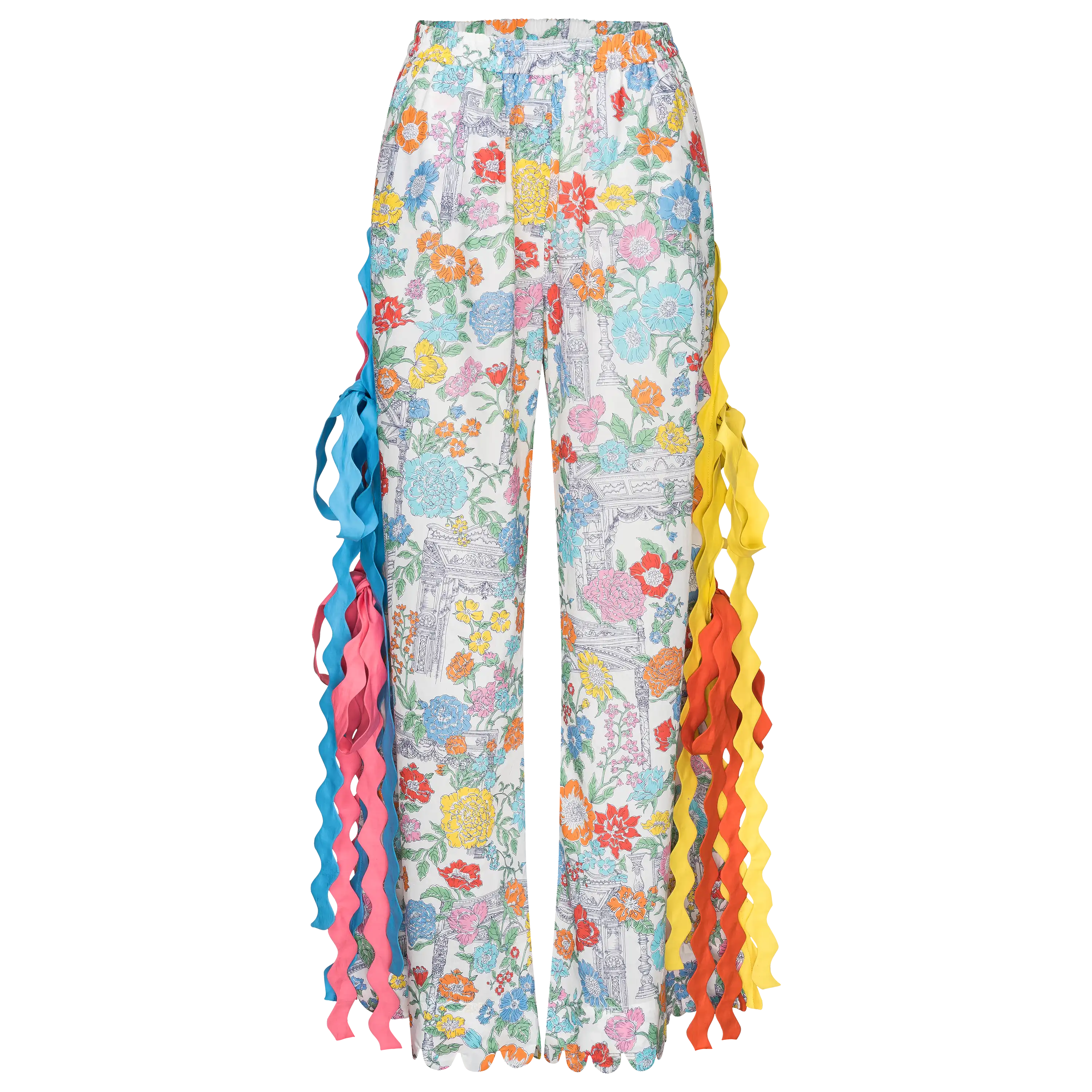 Professionelle Produktfotografie als Freisteller: Bunte, gemusterte Hose mit seitlichen Rüschenbändern für mehr Sichtbarkeit und Umsatz im E-Commerce. PRO-ducto GmbH