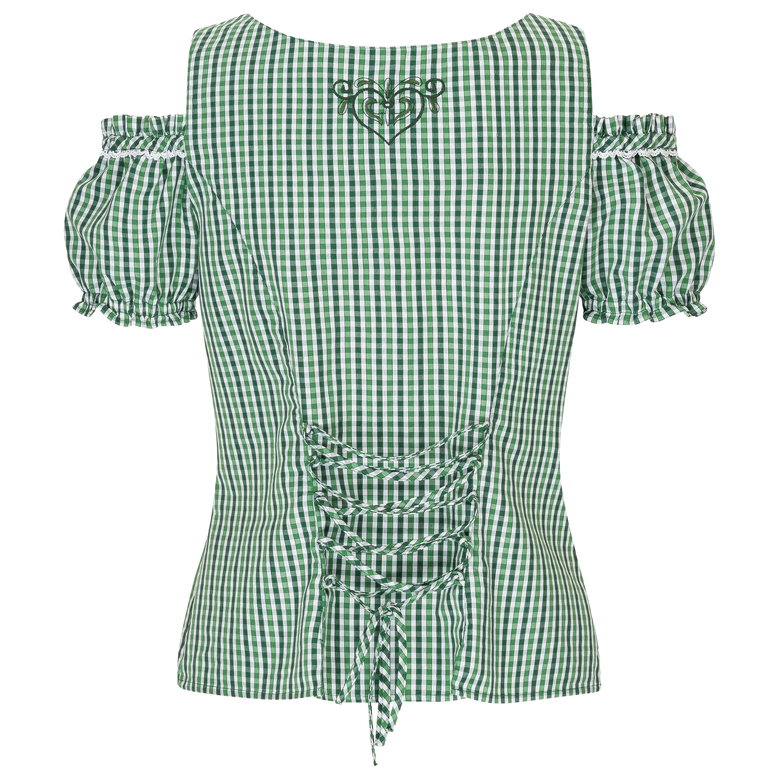 Professionelle Produktfotografie einer grün-weiß karierten Trachtenbluse mit Schnürung von PRO-ducto GmbH.