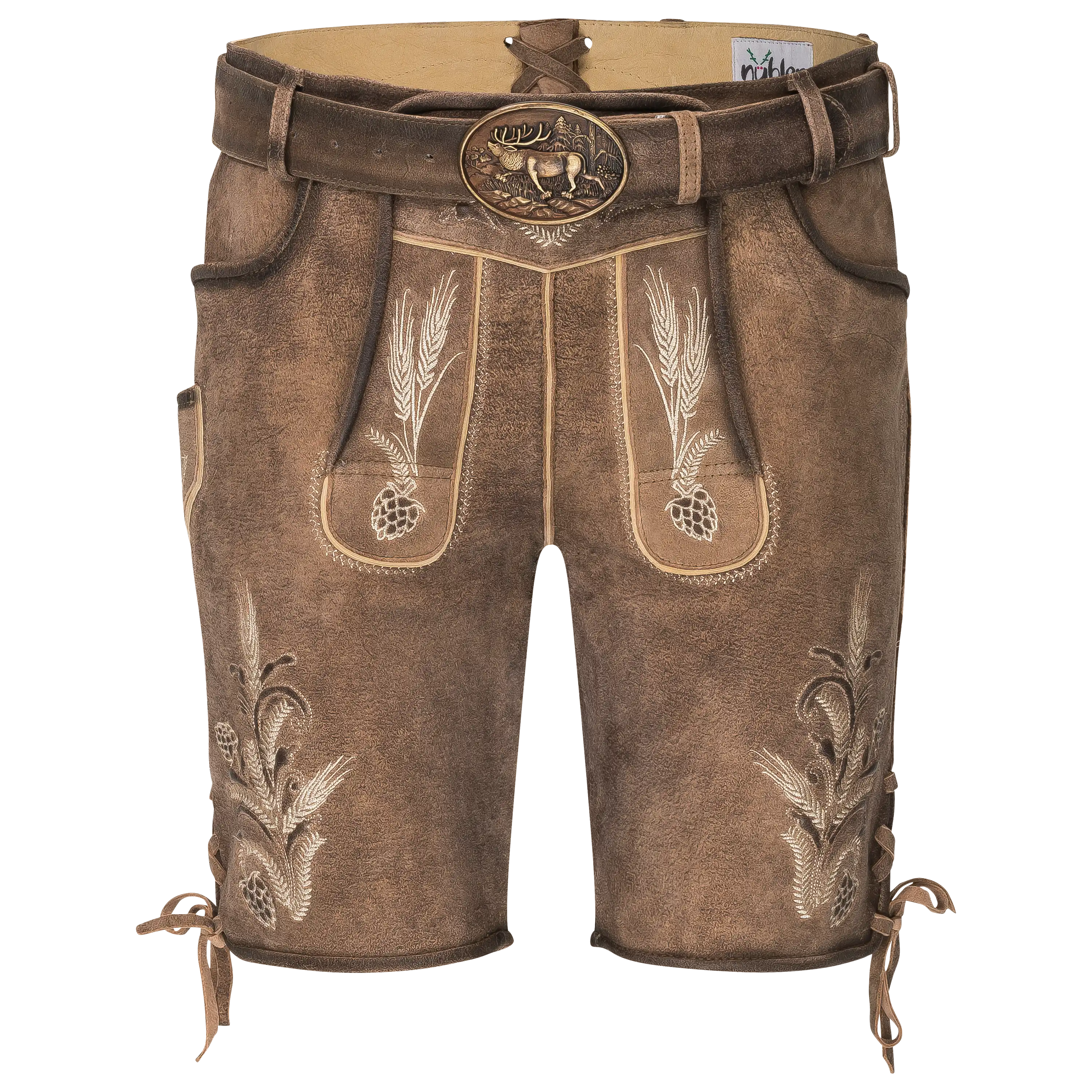 Braune Lederhose mit Stickerei für professionelle Produktfotografie von PRO-ducto GmbH, ideal für Textilfotografie.