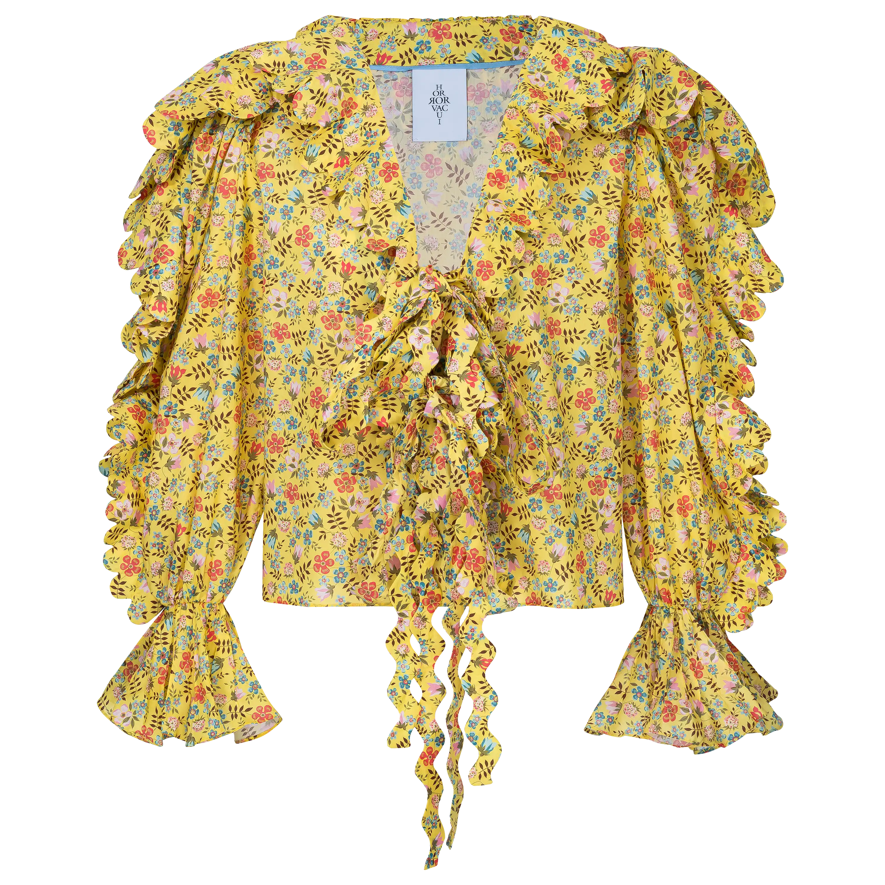 Professionelle Produktfotografie: Gelbe Bluse mit Blumenmuster und Rüschen als Freisteller. Ideal, wenn Sie Bekleidung fotografieren lassen möchten. PRO-ducto GmbH