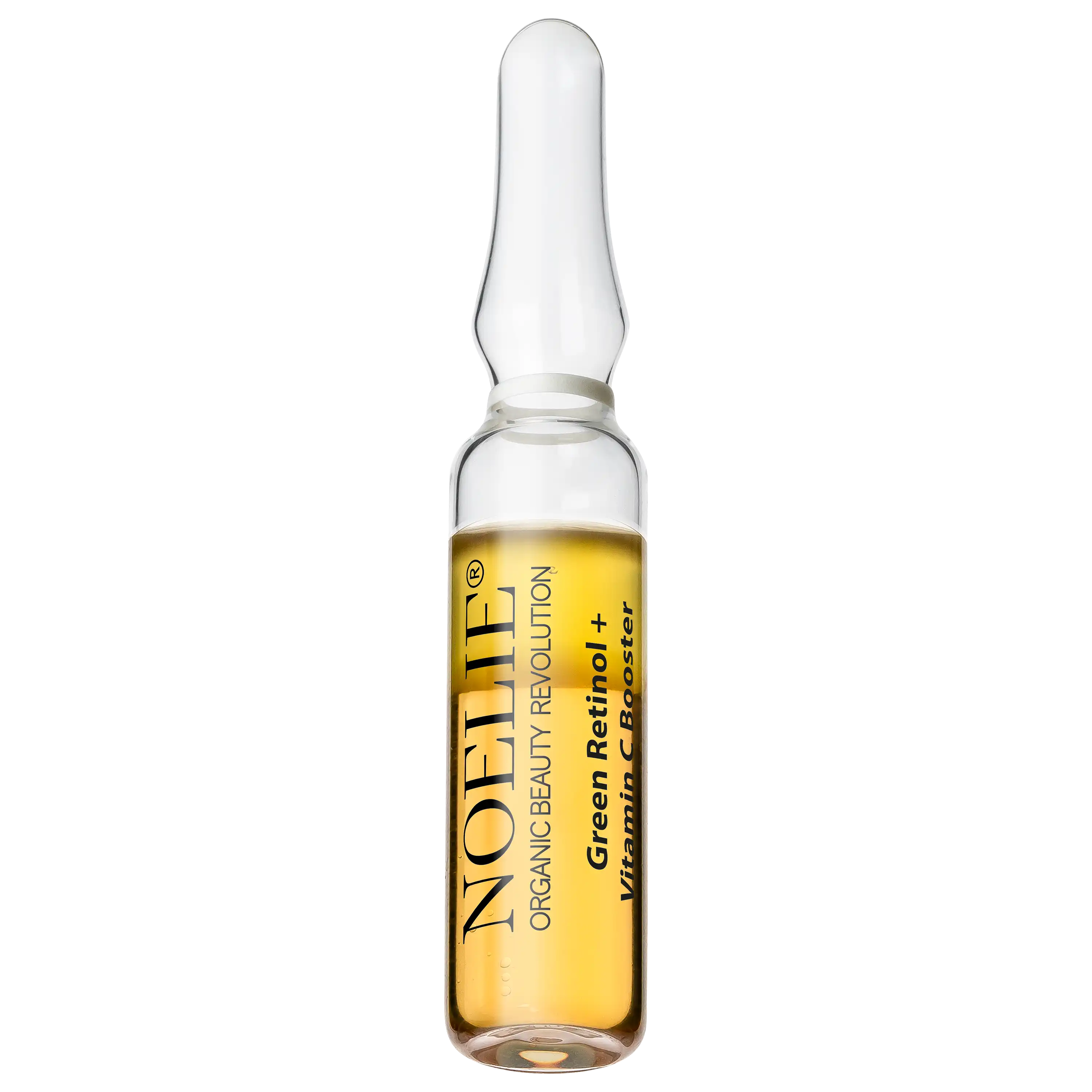 NOELIE Green Retinol + Vitamin C Booster Ampulle vor schwarzem Hintergrund für professionelle Produktfotos.