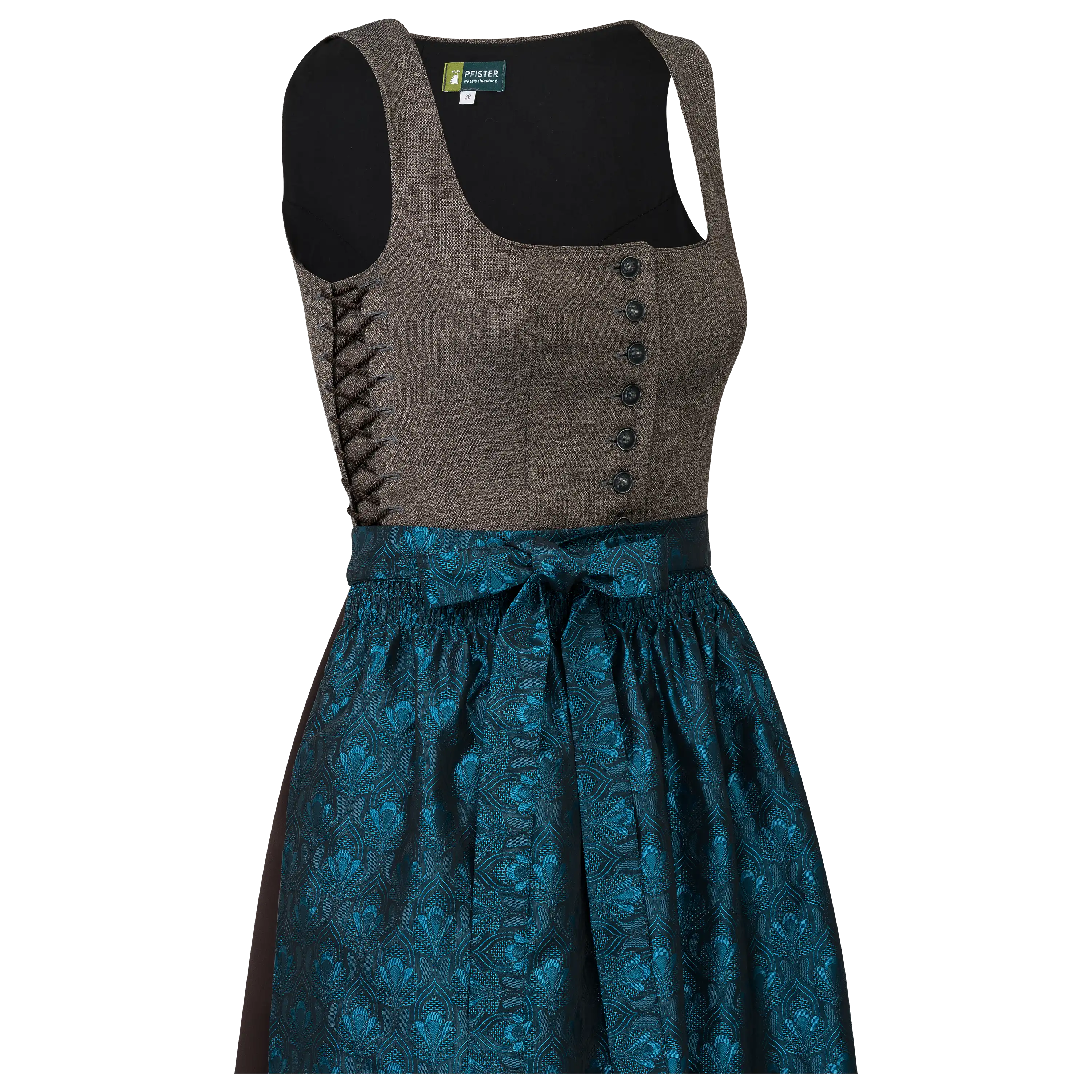 Professionelle Produktfotografie eines braunen Dirndls mit blauem Musterrock für die Textilfotografie von PRO-ducto.