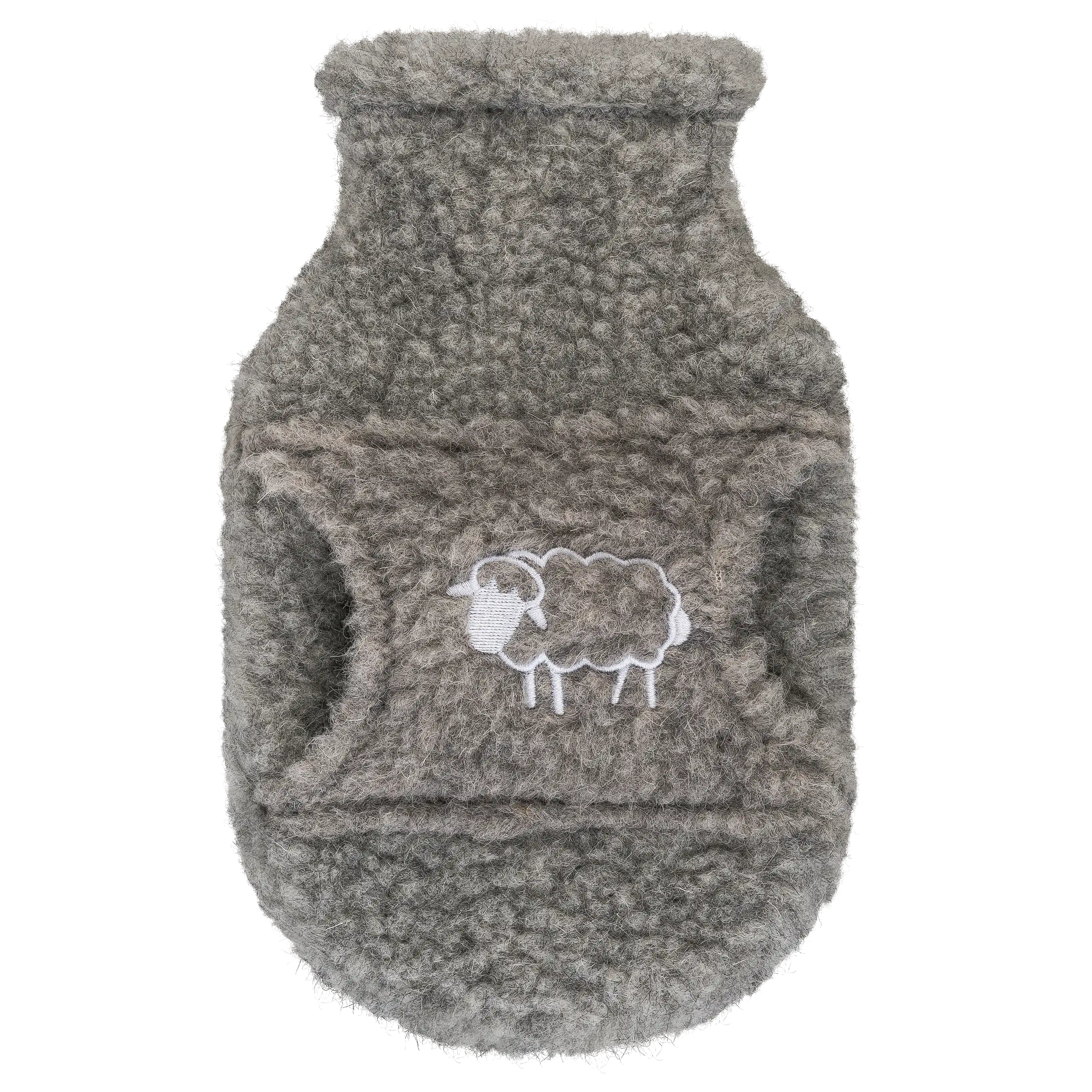 Graue Wärmflasche mit flauschigem Teddy-Bezug und weißem Schaf-Motiv, professionelle Produktfotografie von PRO-ducto.