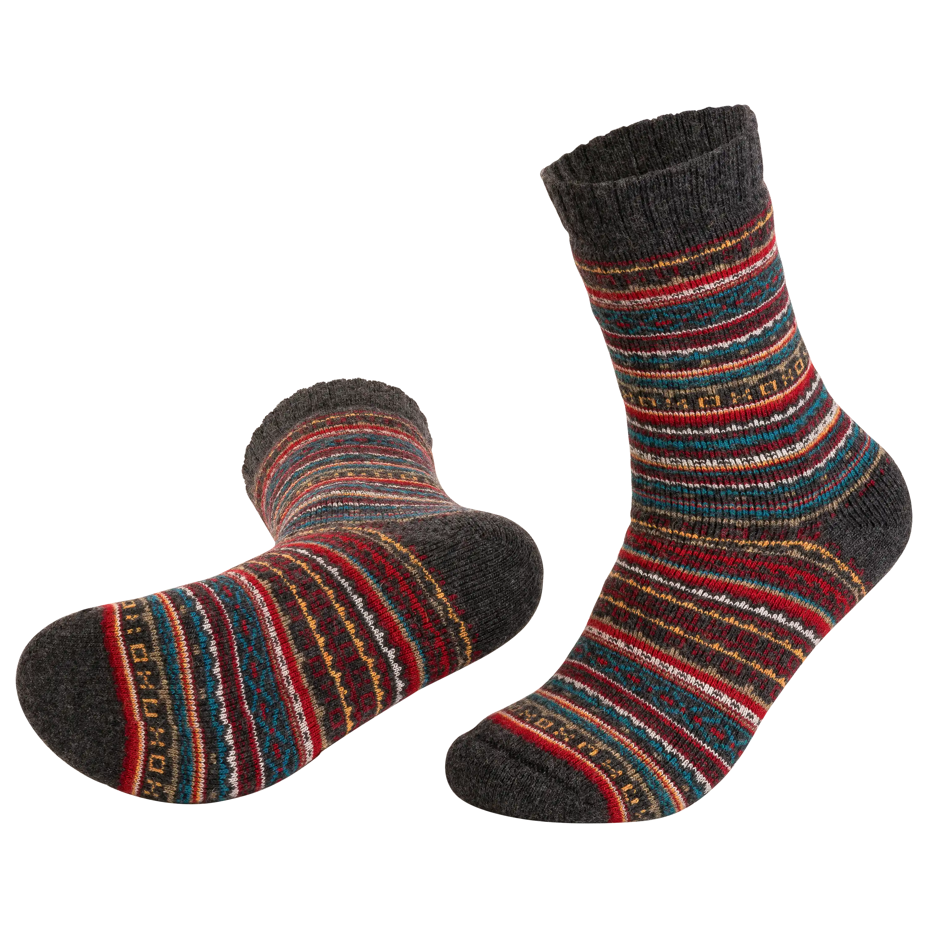 Professionelle Produktfotografie von zwei grauen Wollsocken mit buntem Streifenmuster, ideal für Textilfotografie durch die PRO-ducto GmbH erstellt.