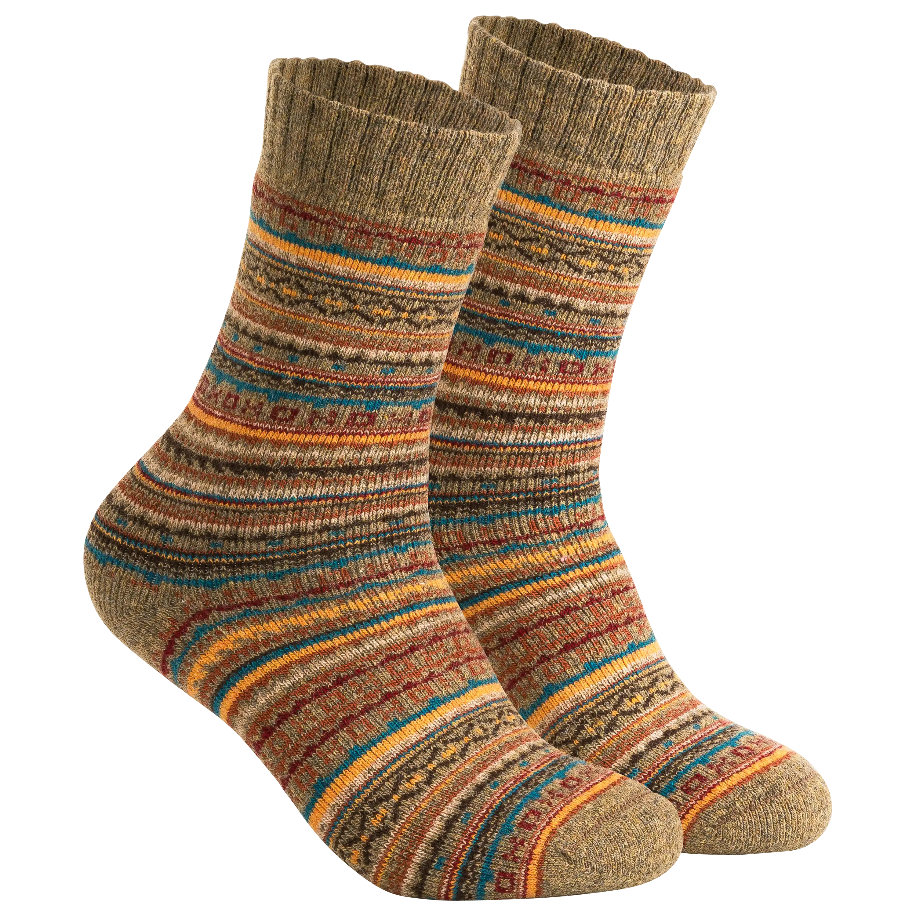 Ein Paar braune Wollsocken mit buntem Ethno-Muster für die professionelle Produktfotografie von PRO-ducto GmbH, ideal für hochwertige Textilfotografie.