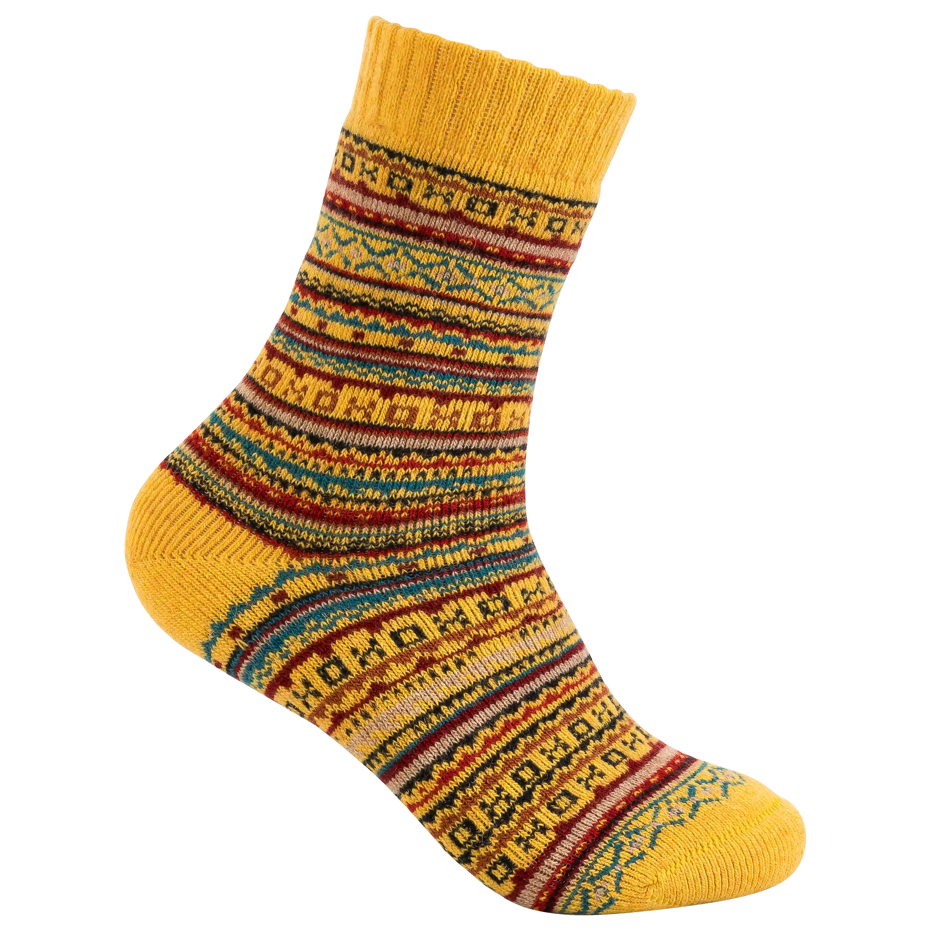 Gelbe Socke mit buntem Norwegermuster für professionelle Produktfotografie von PRO-ducto GmbH, ideal um Bekleidung hochwertig fotografieren zu lassen.