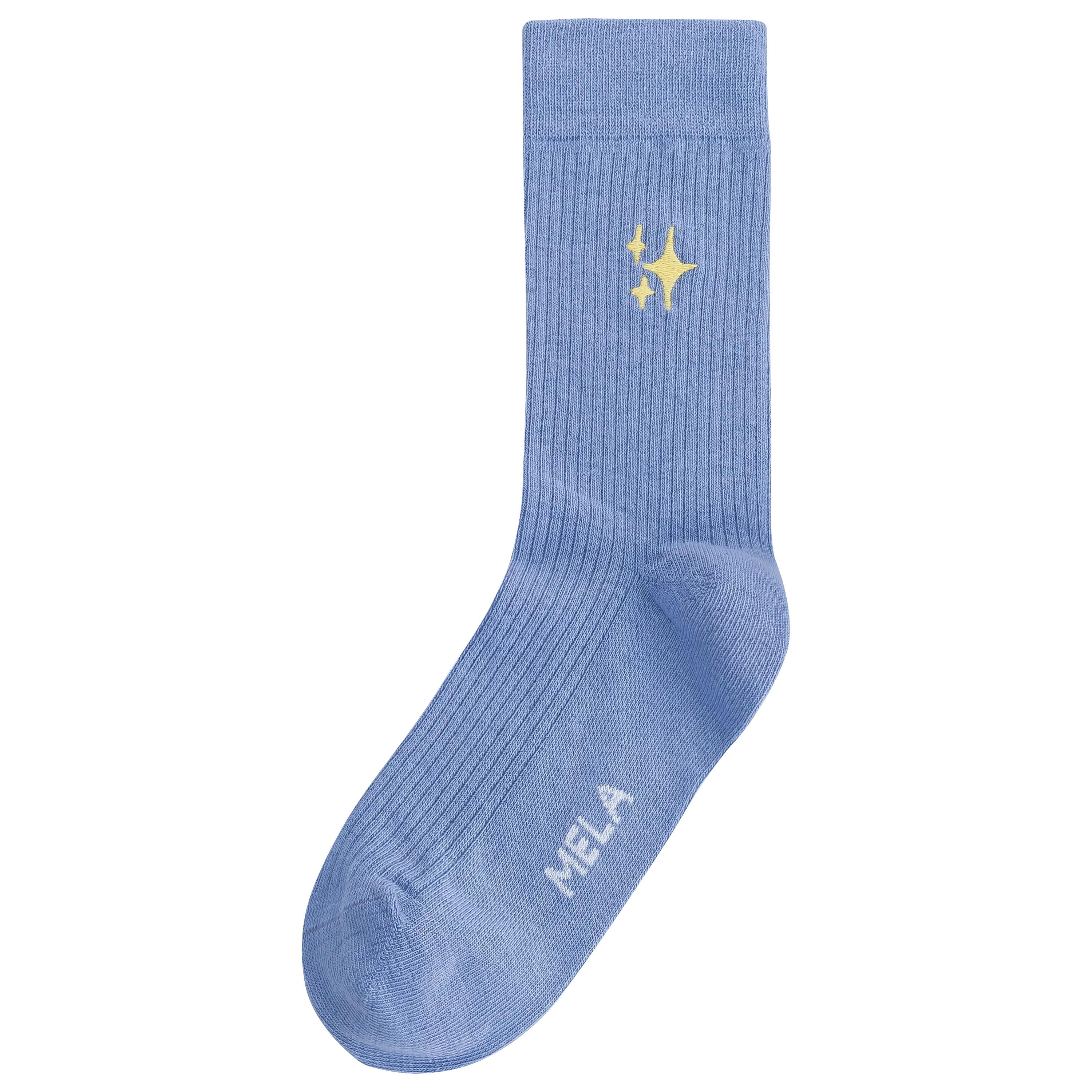 Hellblaue gerippte Socke von MELA mit gelbem Stern-Motiv. Professionelle Produktfotografie durch PRO-ducto GmbH für hochwertige Textilfotografie.
