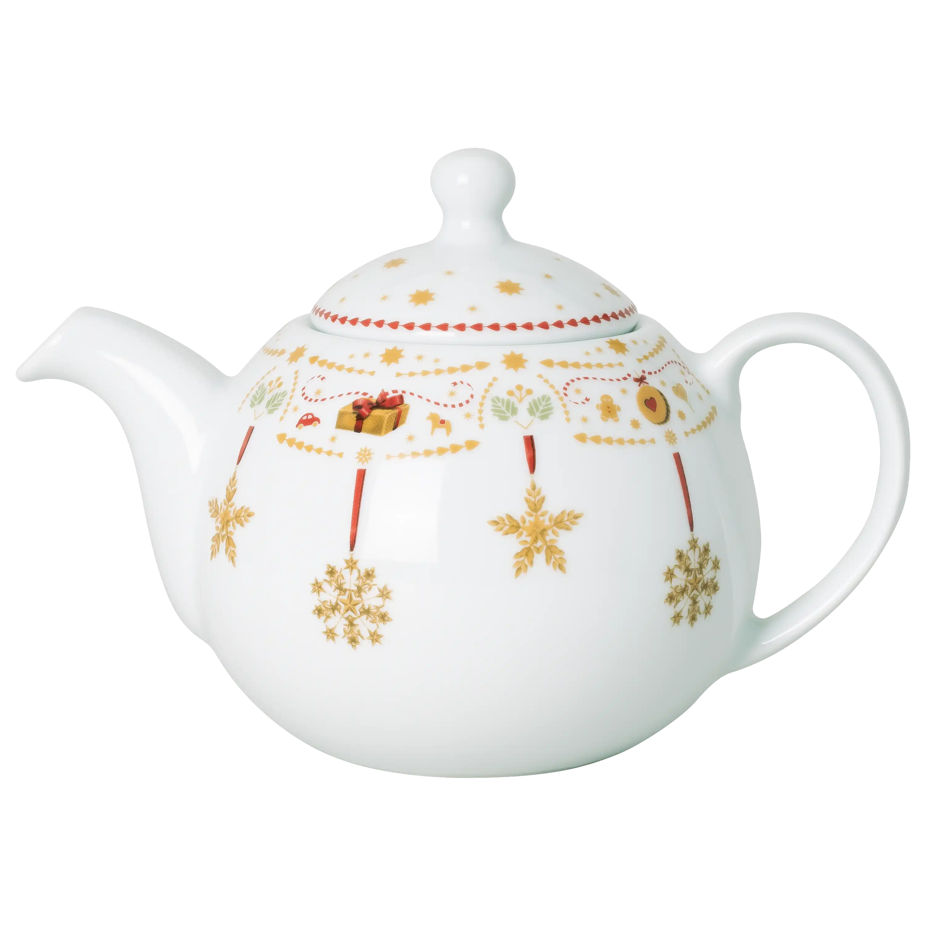 Weiße Teekanne mit weihnachtlichem Dekor aus goldenen Schneeflocken und Geschenken von PRO-ducto GmbH.