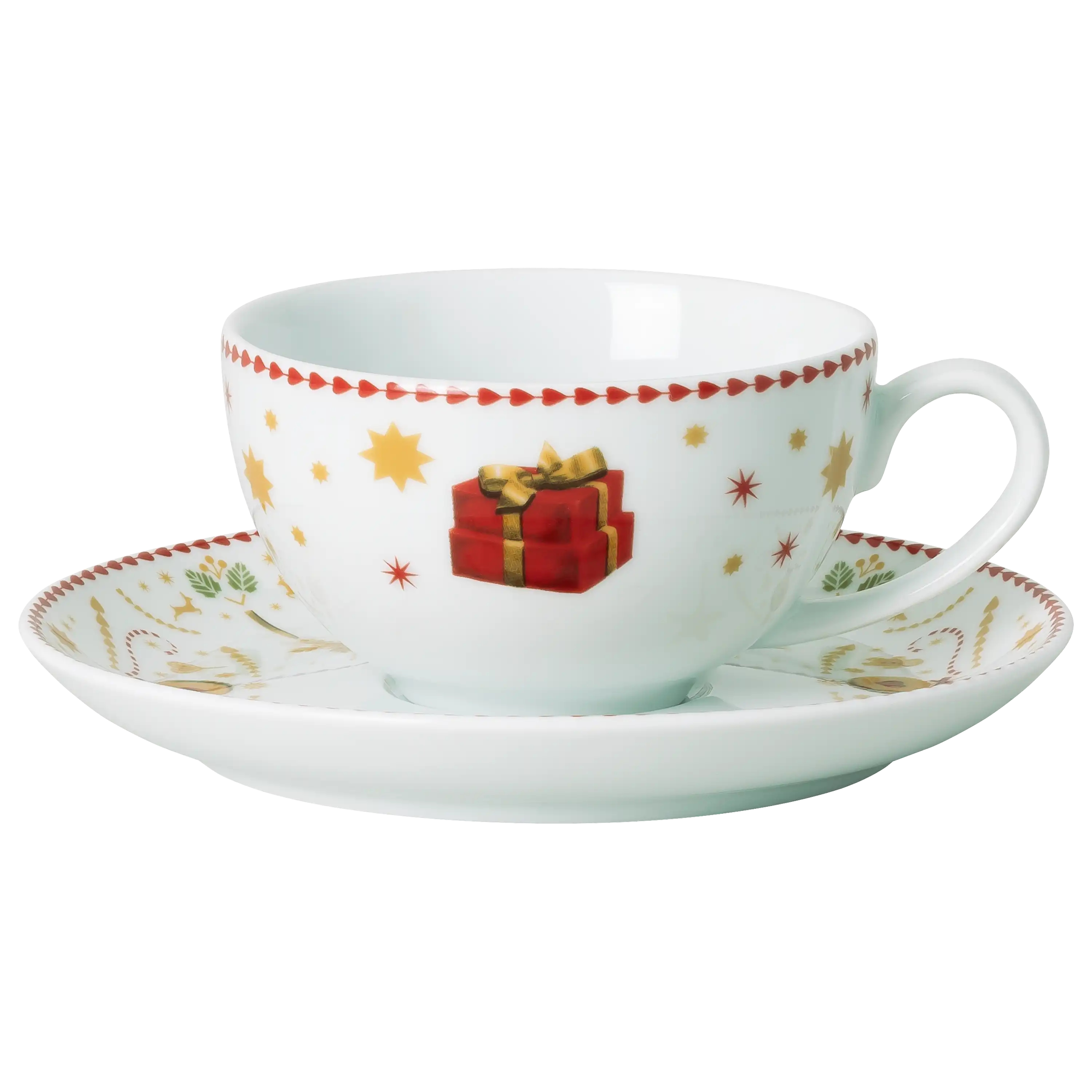 Weiße Teetasse mit Untertasse, verziert mit weihnachtlichen Geschenken und Sternen, professionelle Produktfotos.