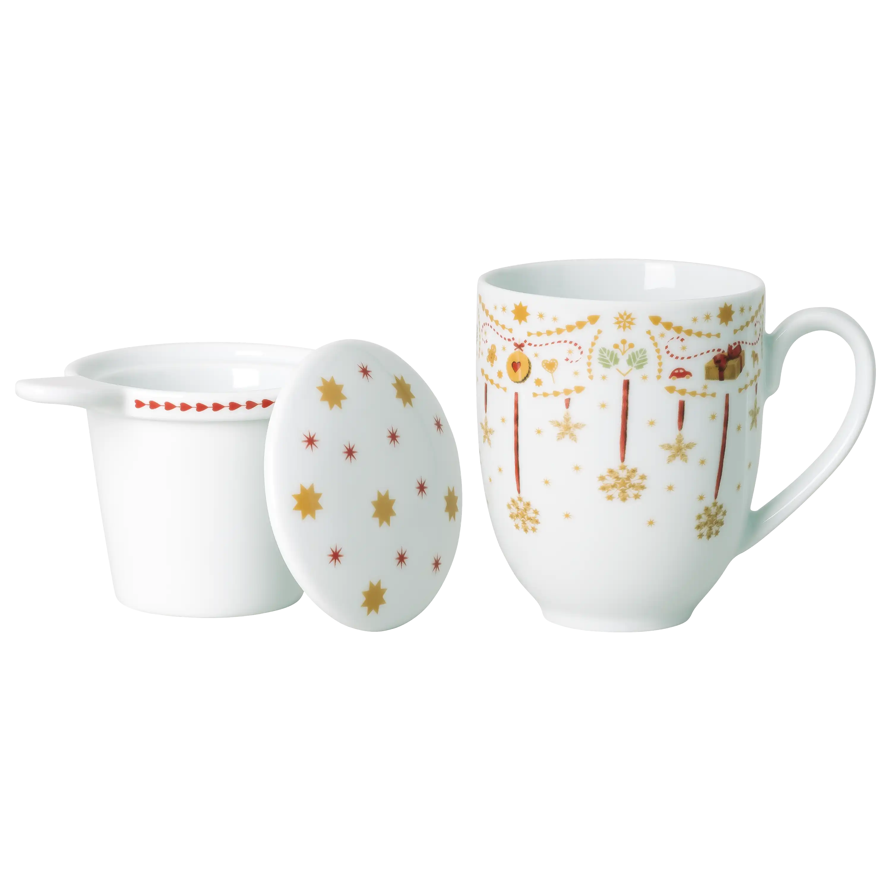 Weißes Teetassen-Set mit weihnachtlichem Dekor, bestehend aus Tasse, Sieb und Deckel, professionelle Produktfotos.