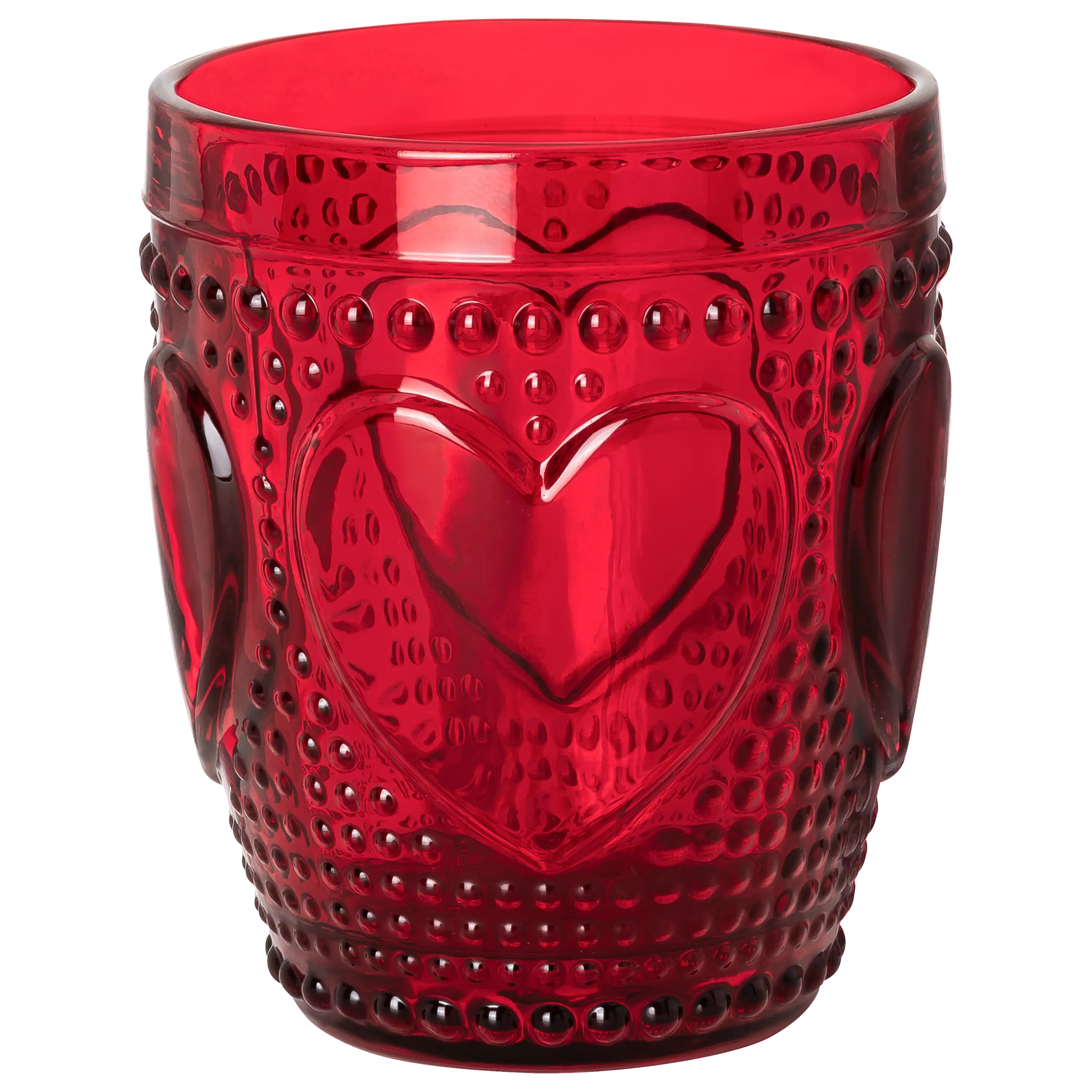 Rotes Glas mit Herzrelief und Noppenmuster, fotografiert von PRO-ducto GmbH für professionelle Produktfotos.