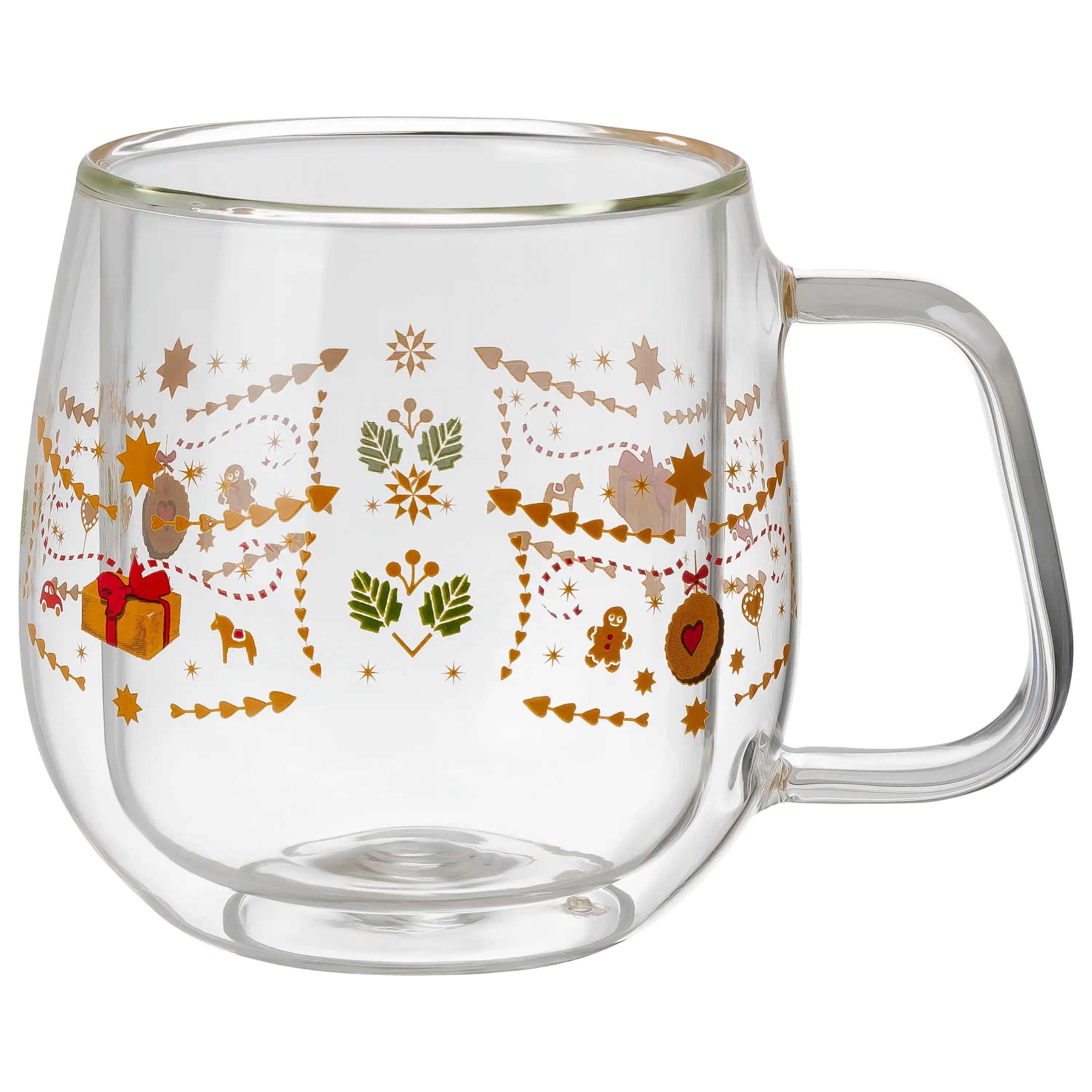Doppelwandige Glastasse mit weihnachtlichem Dekor von PRO-ducto GmbH für professionelle Produktfotos genutzt.
