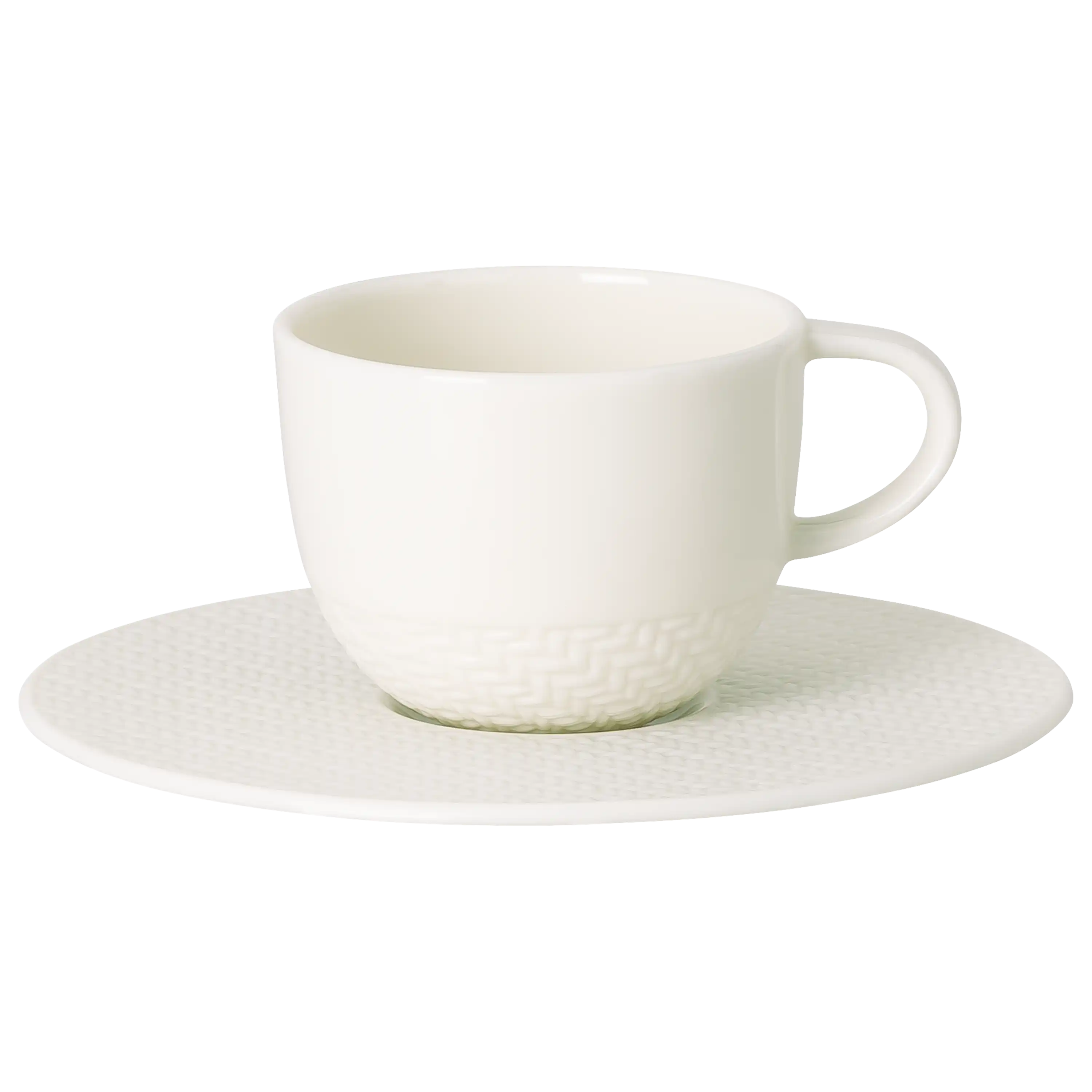 Weiße Kaffeetasse mit Untertasse und feinem Reliefmuster, fotografiert von PRO-ducto GmbH für professionelle Produktfotos.