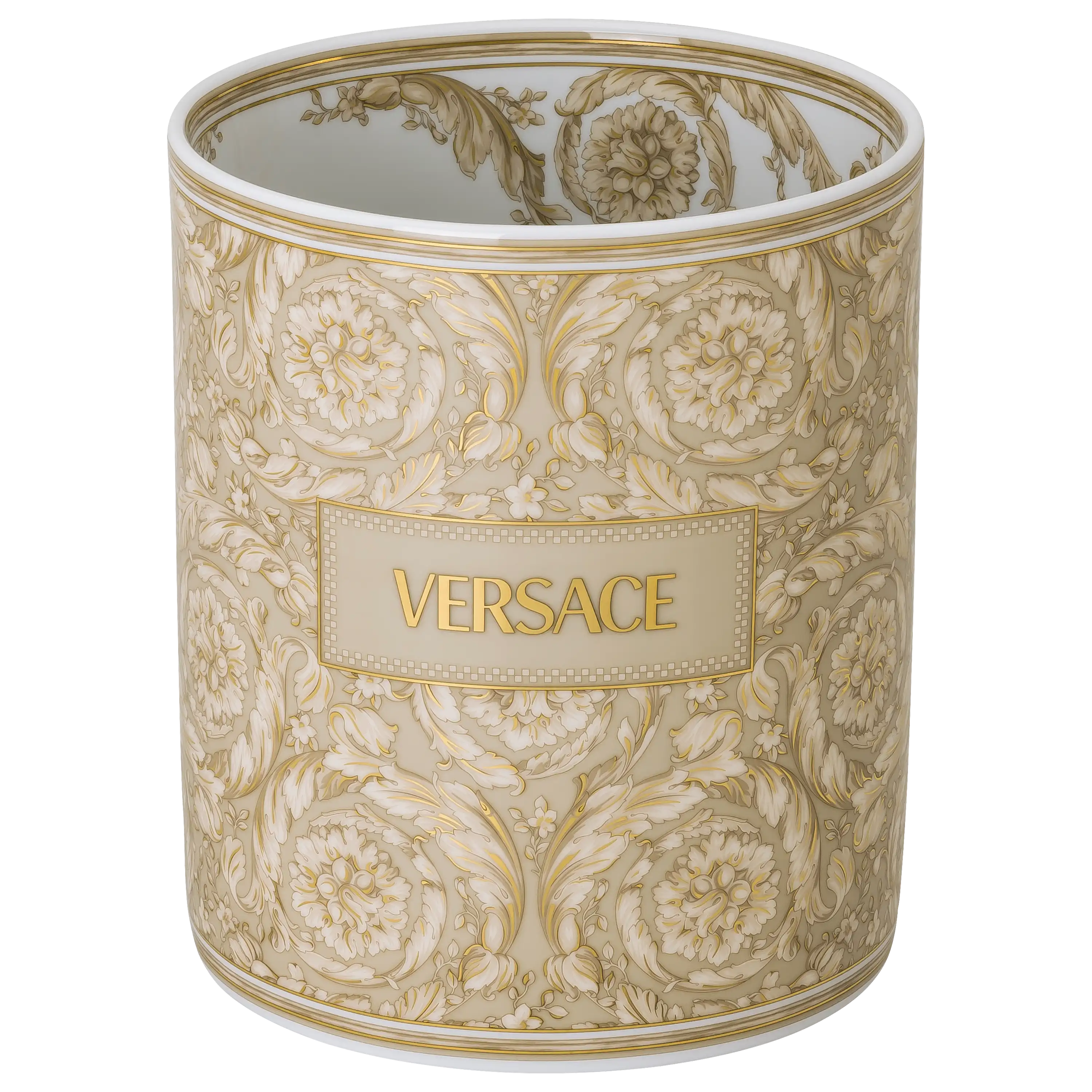 Ein zylindrischer Versace Porzellanbecher mit goldenem Barockmuster, ideal für professionelle Produktfotos.