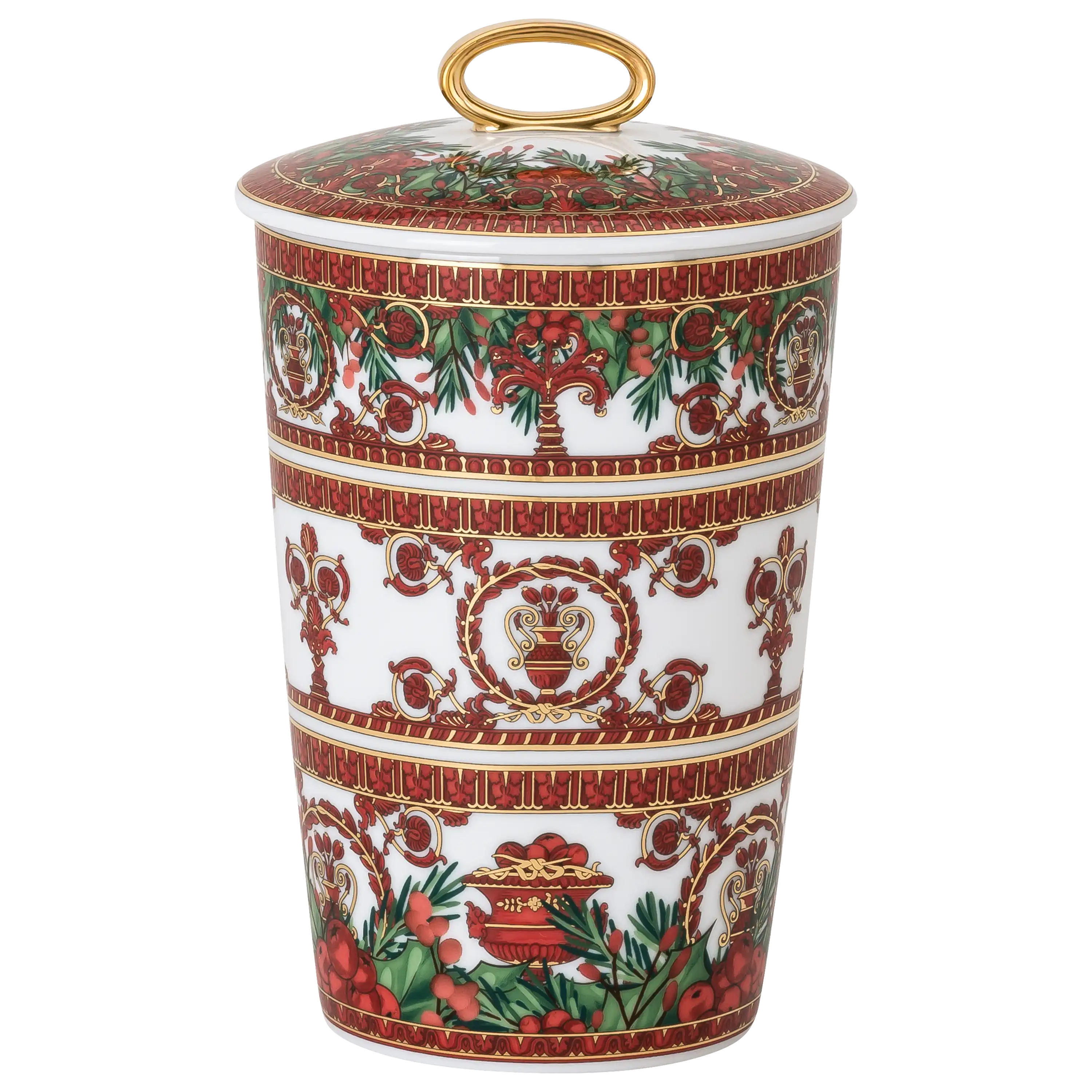 Dekorative Porzellandose mit Deckel und goldenem Griff, verziert mit weihnachtlichen Mustern und Ornamenten.