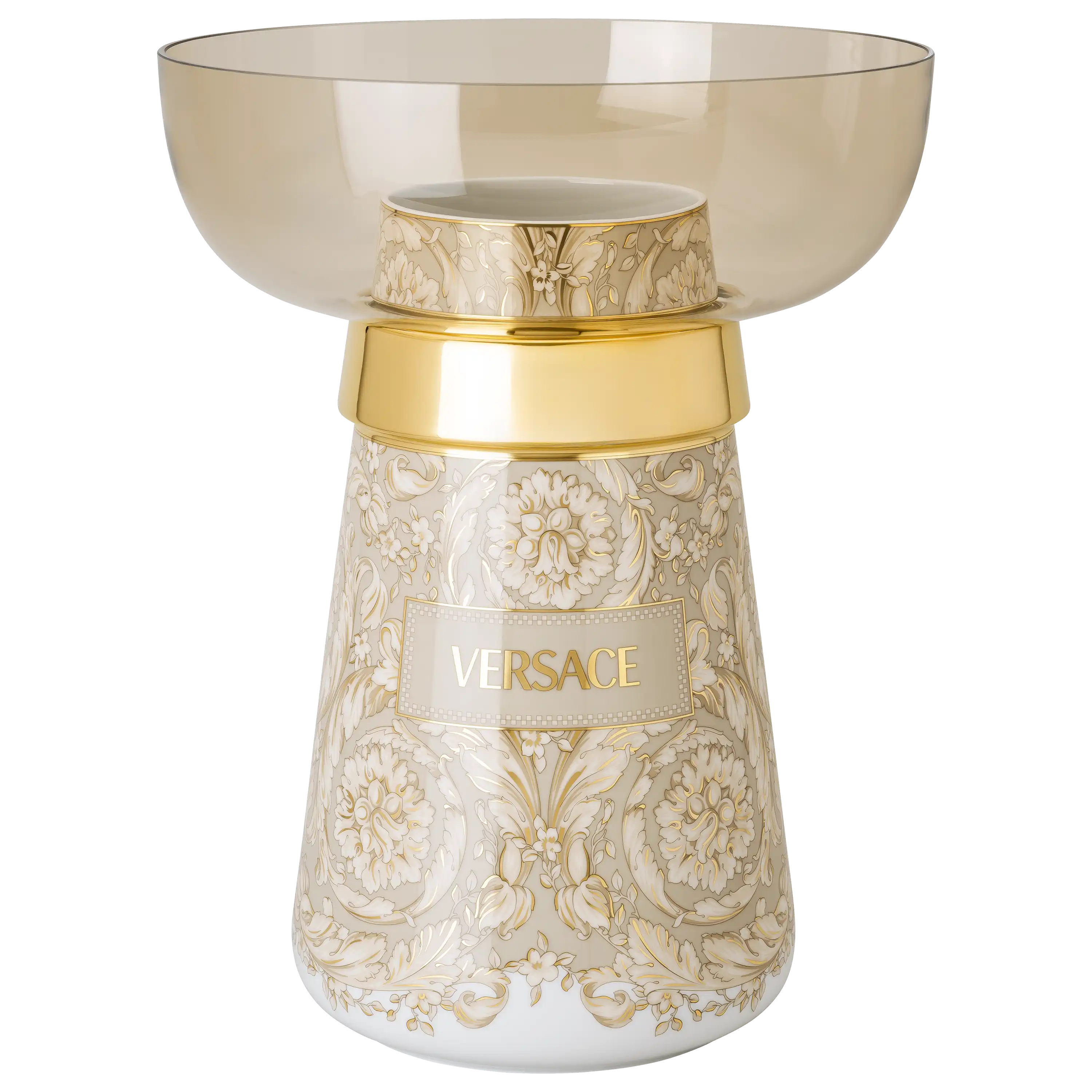 Elegante Versace Vase mit floralem Barockmuster, Goldakzenten und Glasaufsatz für professionelle Produktfotos.