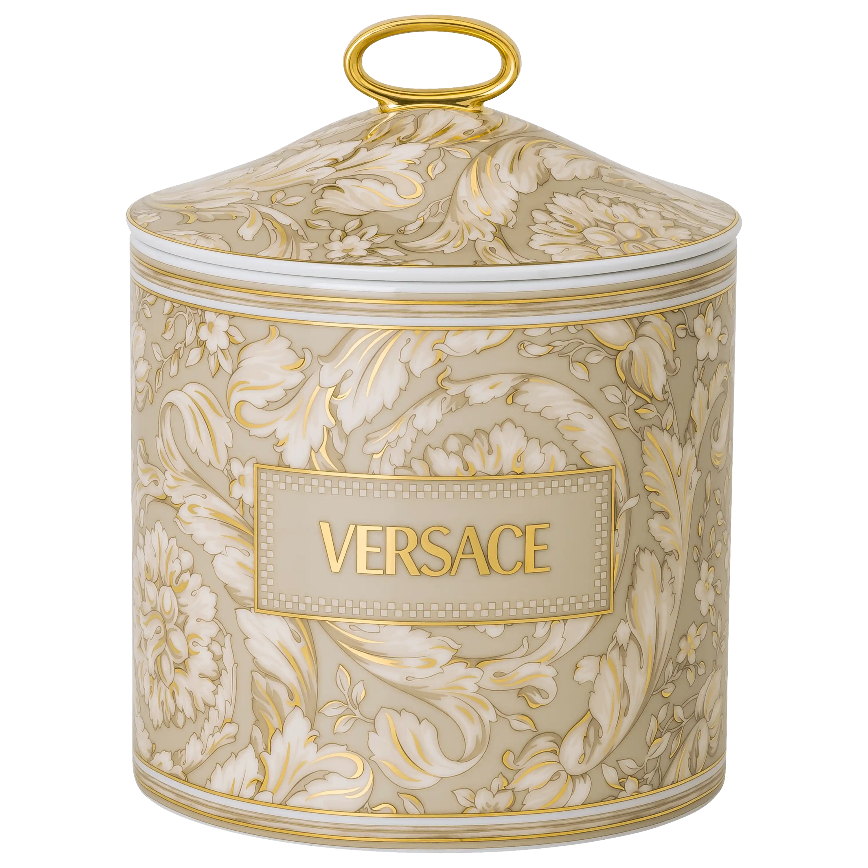 Elegante Versace Vorratsdose mit goldenem Barockmuster und Deckel, professionelle Produktfotos von PRO-ducto GmbH.