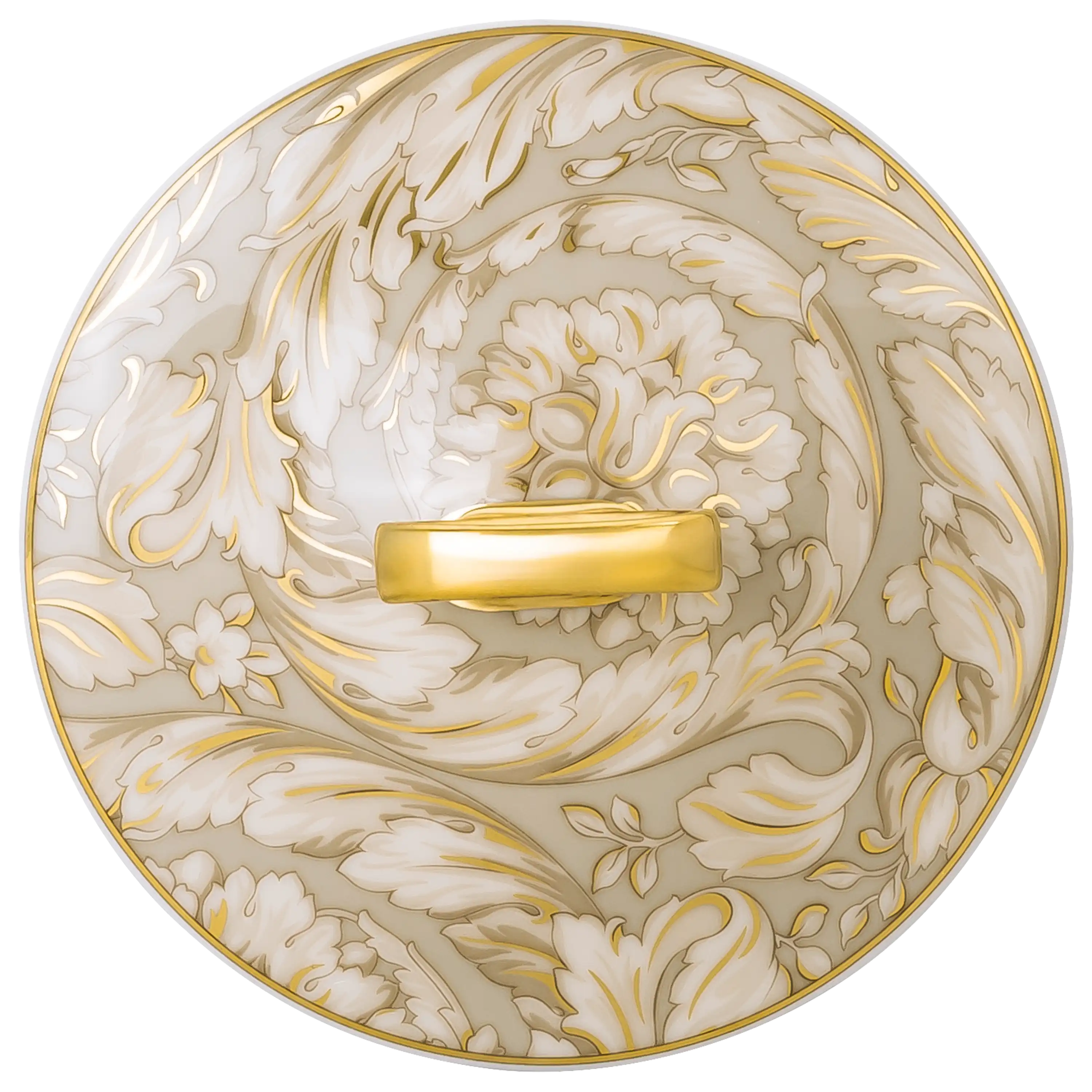 Runder Porzellandeckel mit goldenem Griff und elegantem floralem Dekor für professionelle Produktfotos von PRO-ducto.