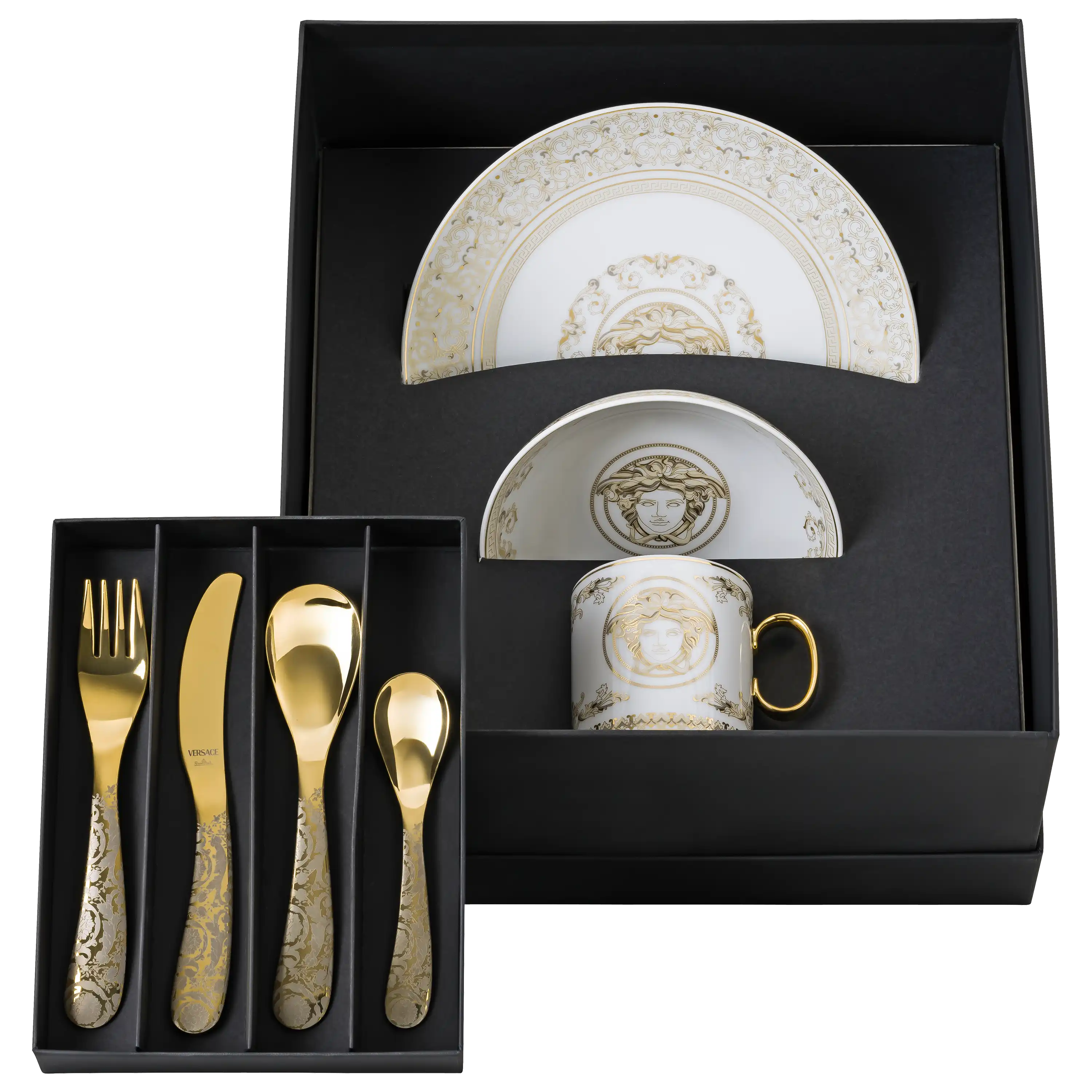 Luxuriöses Versace Geschirr- und Besteckset in einer schwarzen Box, fotografiert von der PRO-ducto GmbH.