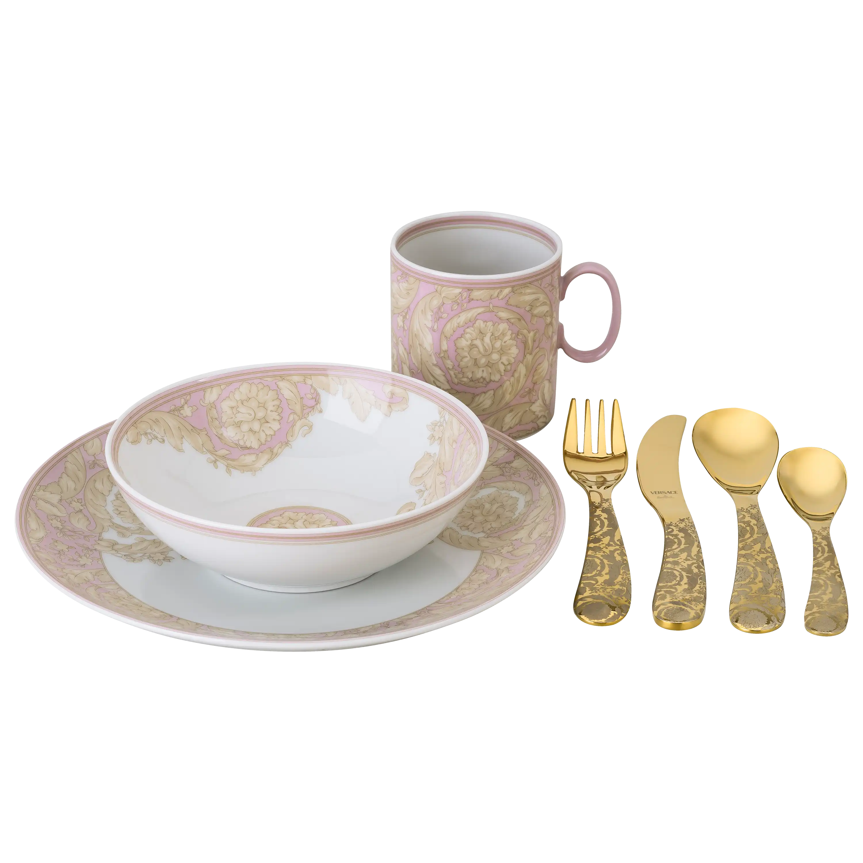 Professionelle Produktfotografie eines Versace Kindergeschirr-Sets mit Tasse, Schale, Teller und goldenem Besteck.