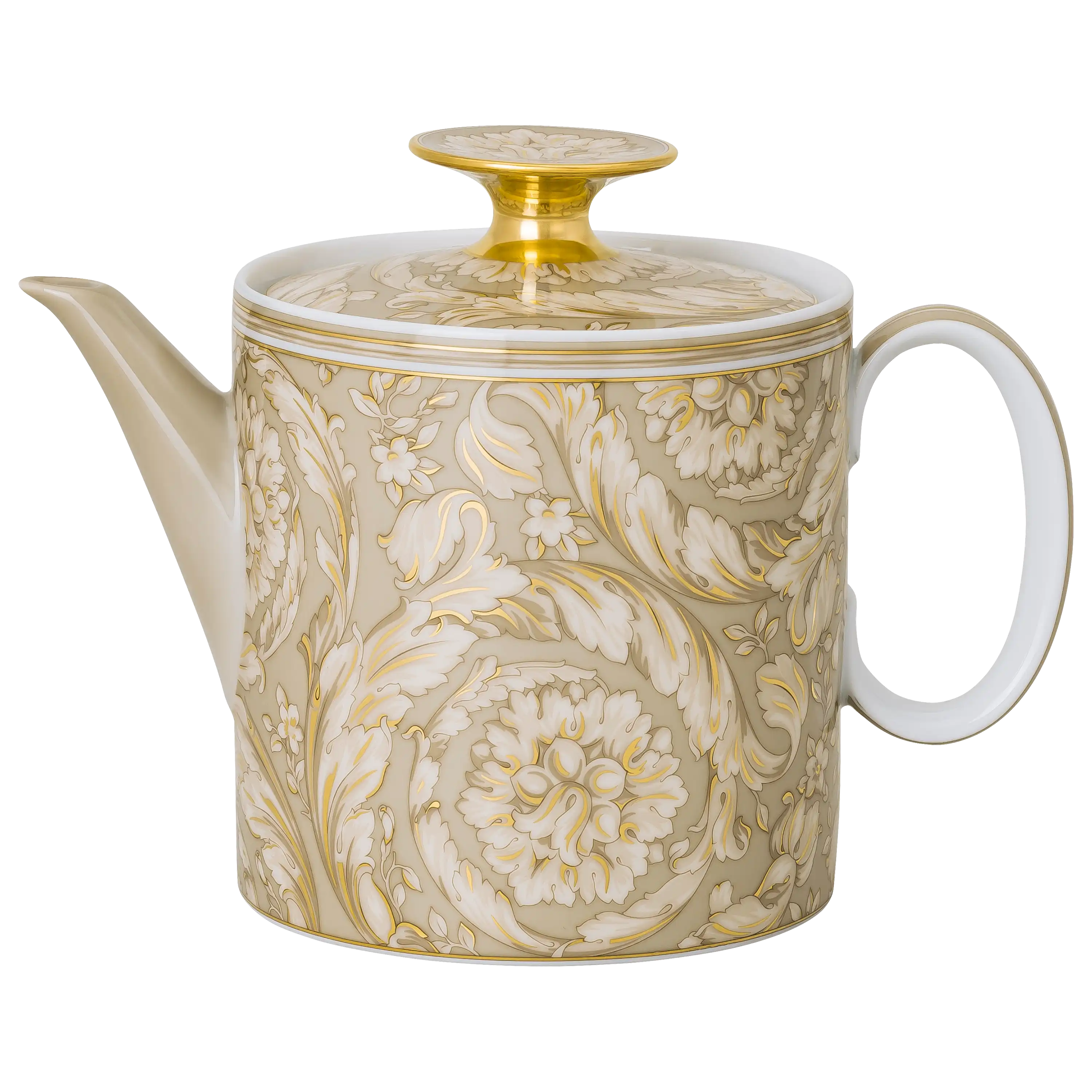 Elegante Teekanne aus Porzellan mit beigem Barockmuster und goldenen Akzenten für professionelle Produktfotos.