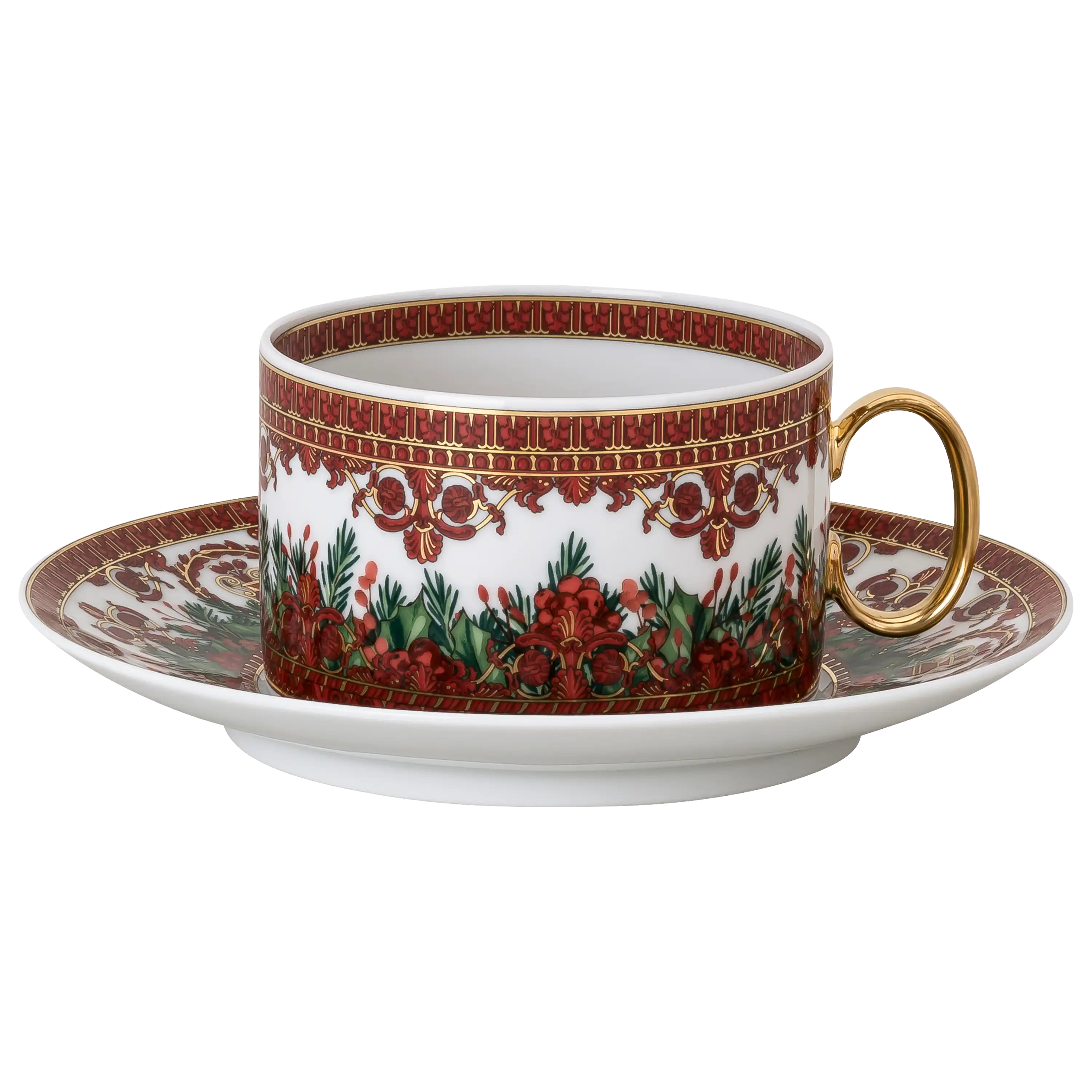 Eine elegante Porzellantasse mit Untertasse, verziert mit weihnachtlichen Motiven und goldenem Henkel, freigestellt.
