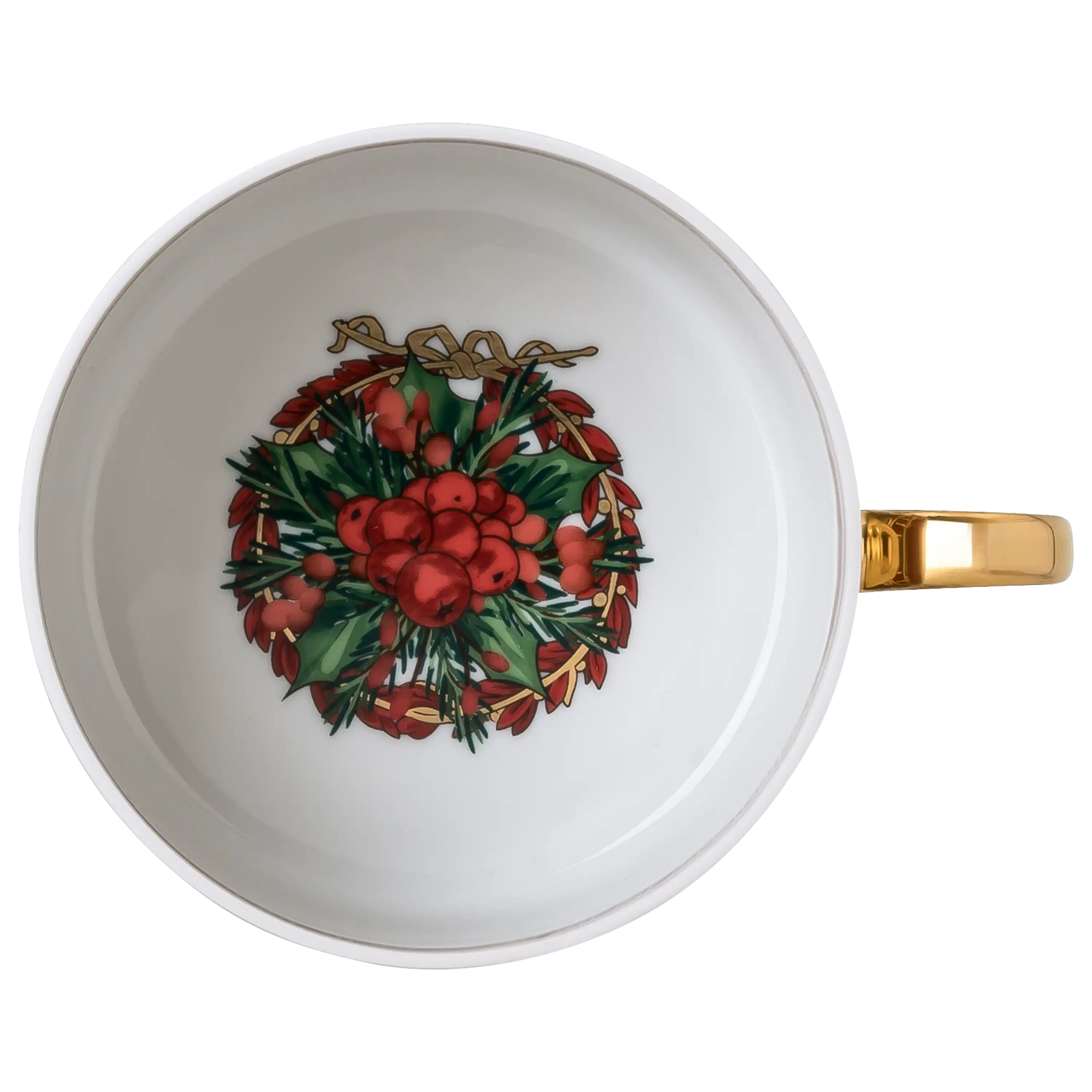 Weiße Tasse mit weihnachtlichem Kranzmotiv aus Beeren und Tannenzweigen, fotografiert von PRO-ducto GmbH.