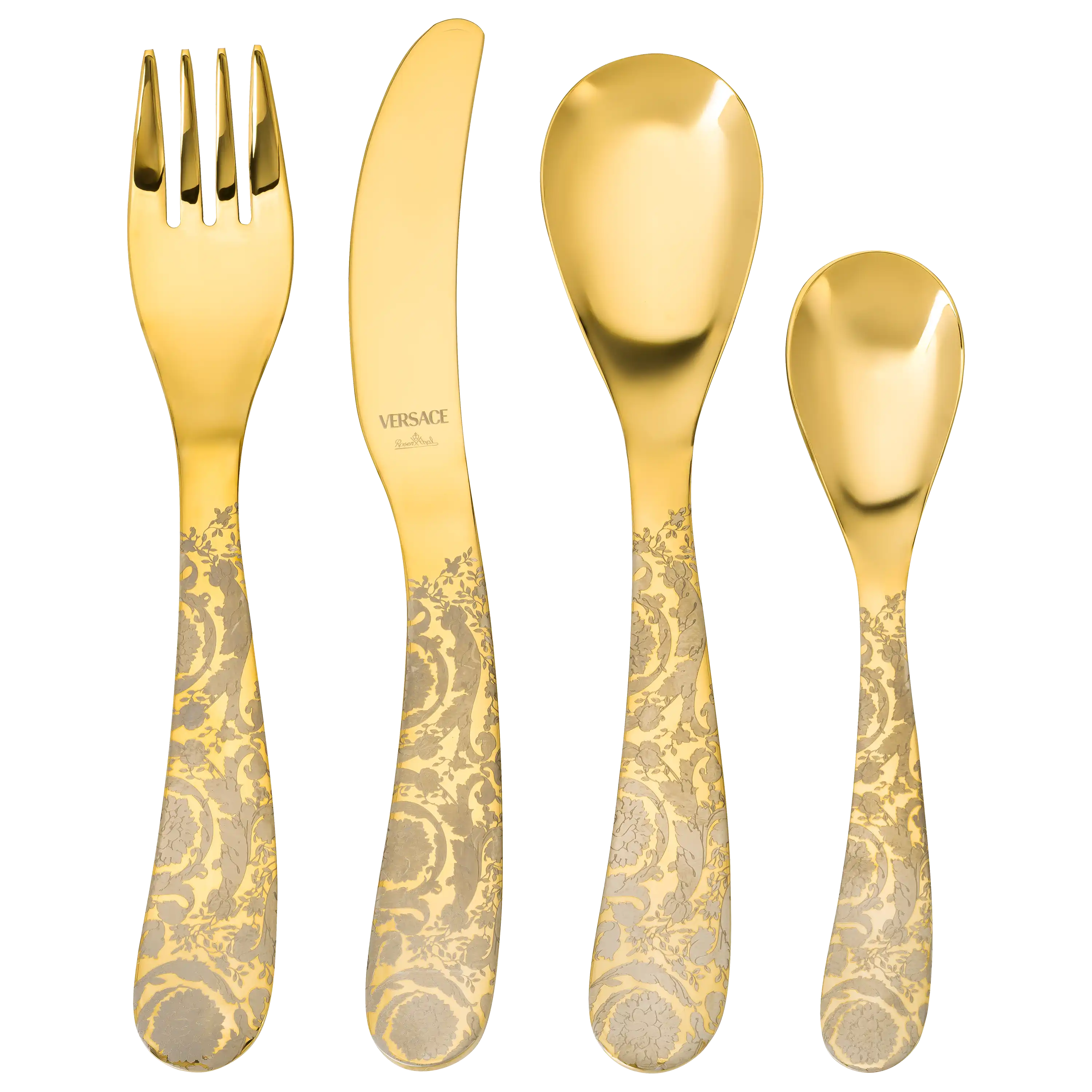 Vier goldenes Versace Besteckteile mit floralem Muster für professionelle Produktfotos von PRO-ducto GmbH.
