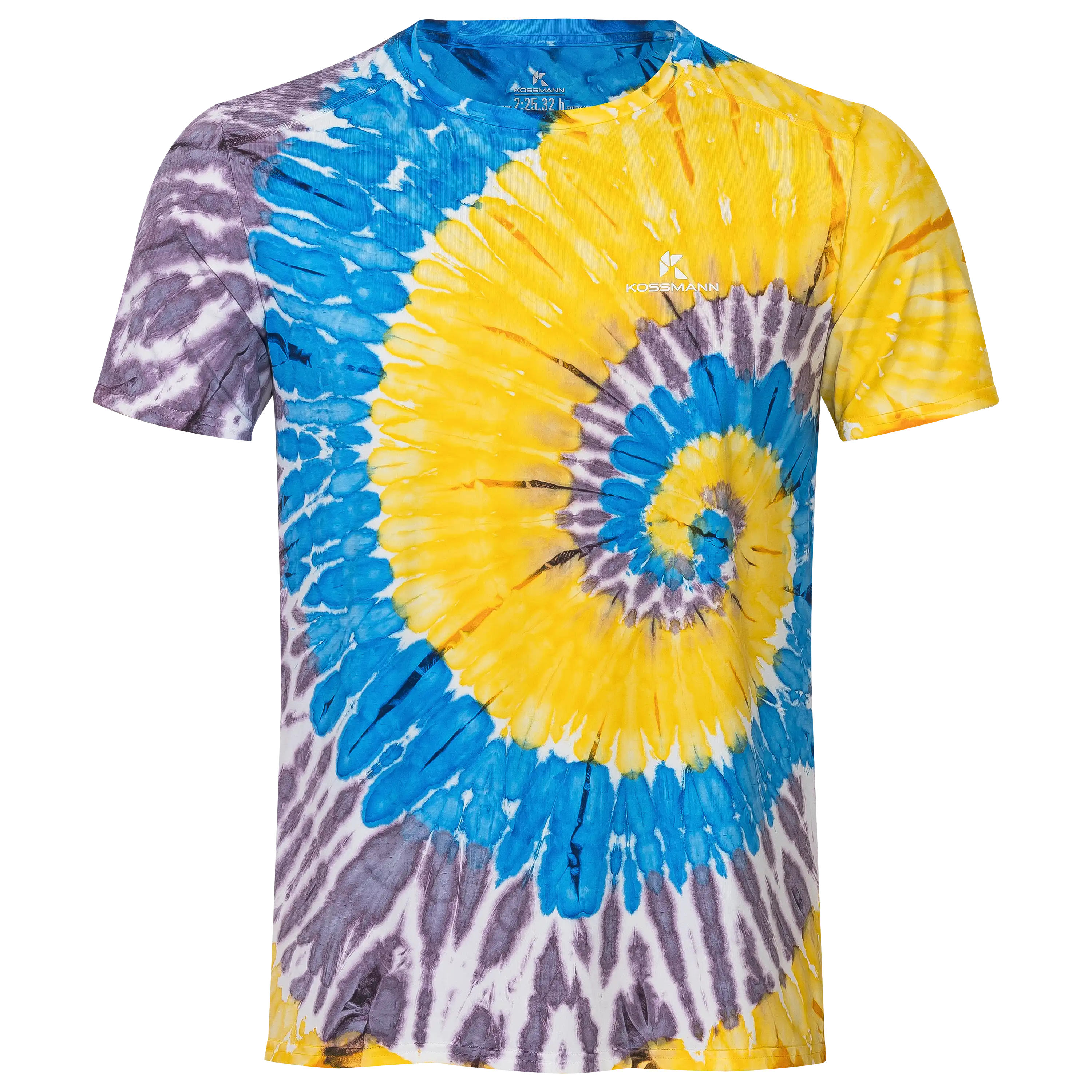 Professionelle Produktfotografie eines bunten Kossmann T-Shirts mit Spiralmuster für die Textilfotografie.