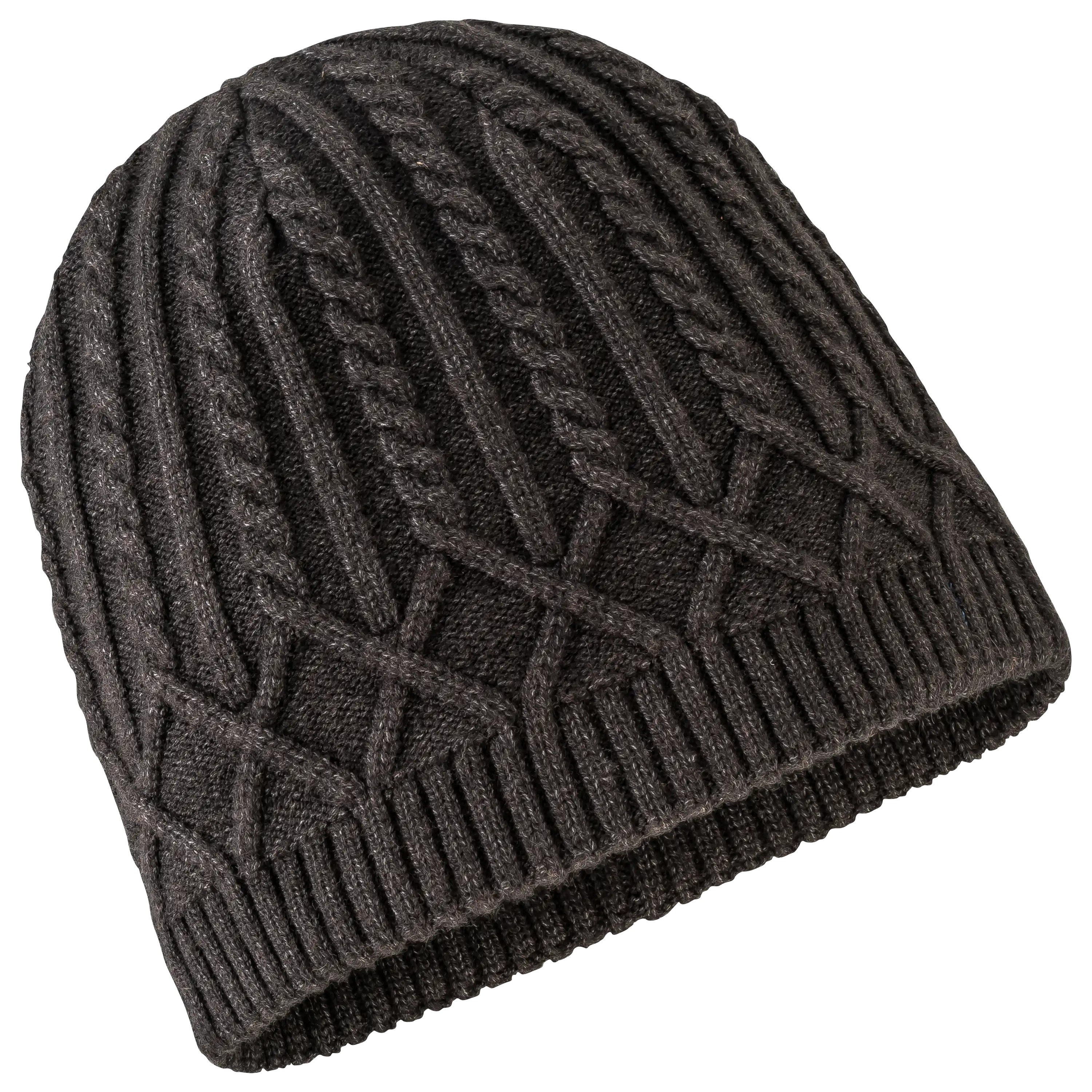 Professionelle Produktfotografie einer dunkelgrauen Strickmütze mit Zopfmuster als Freisteller für hochwertige Textilfotografie und Produktbilder. PRO-ducto GmbH