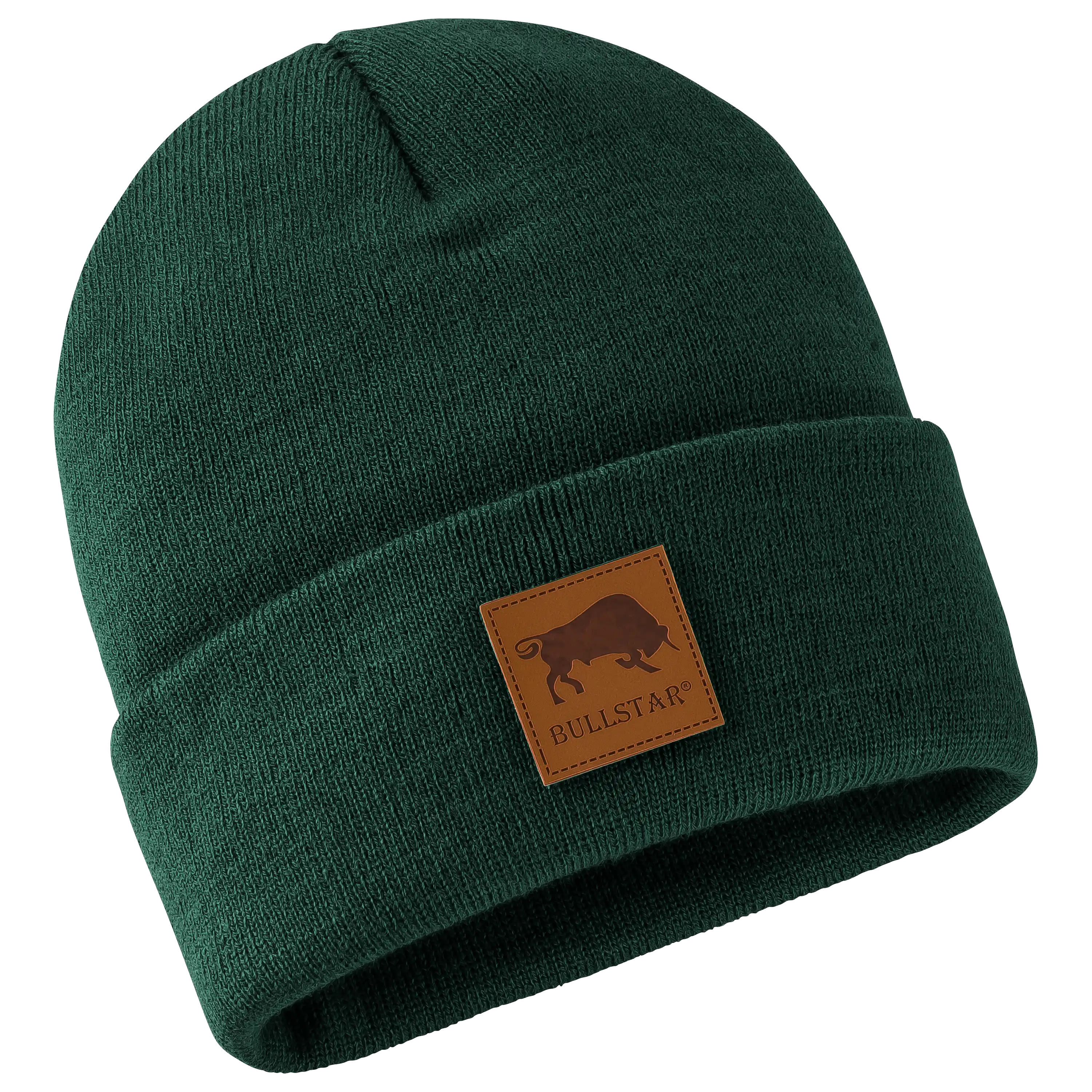 Professionelle Produktfotografie einer dunkelgrünen Strickmütze mit Bullstar-Logo als Freisteller für hochwertige Produktbilder und Textilfotografie. PRO-ducto GmbH