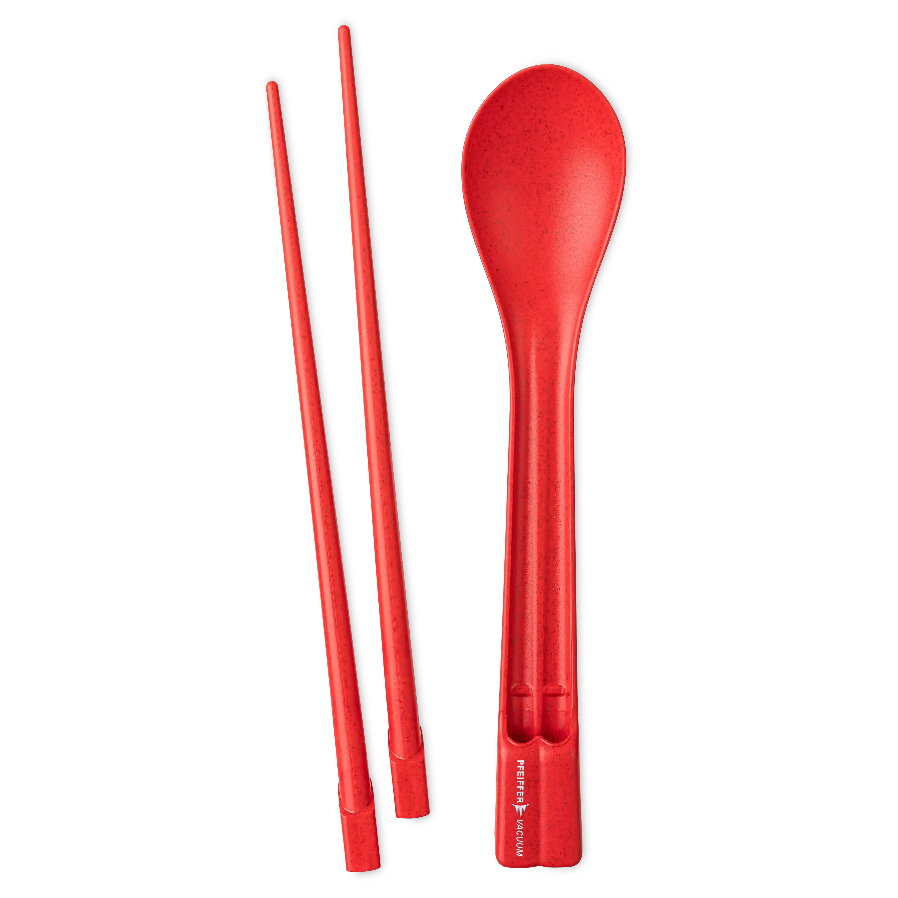 Rotes Essbesteck-Set von PFEIFFER VACUUM bestehend aus einem Löffel und zwei Stäbchen vor schwarzem Hintergrund.