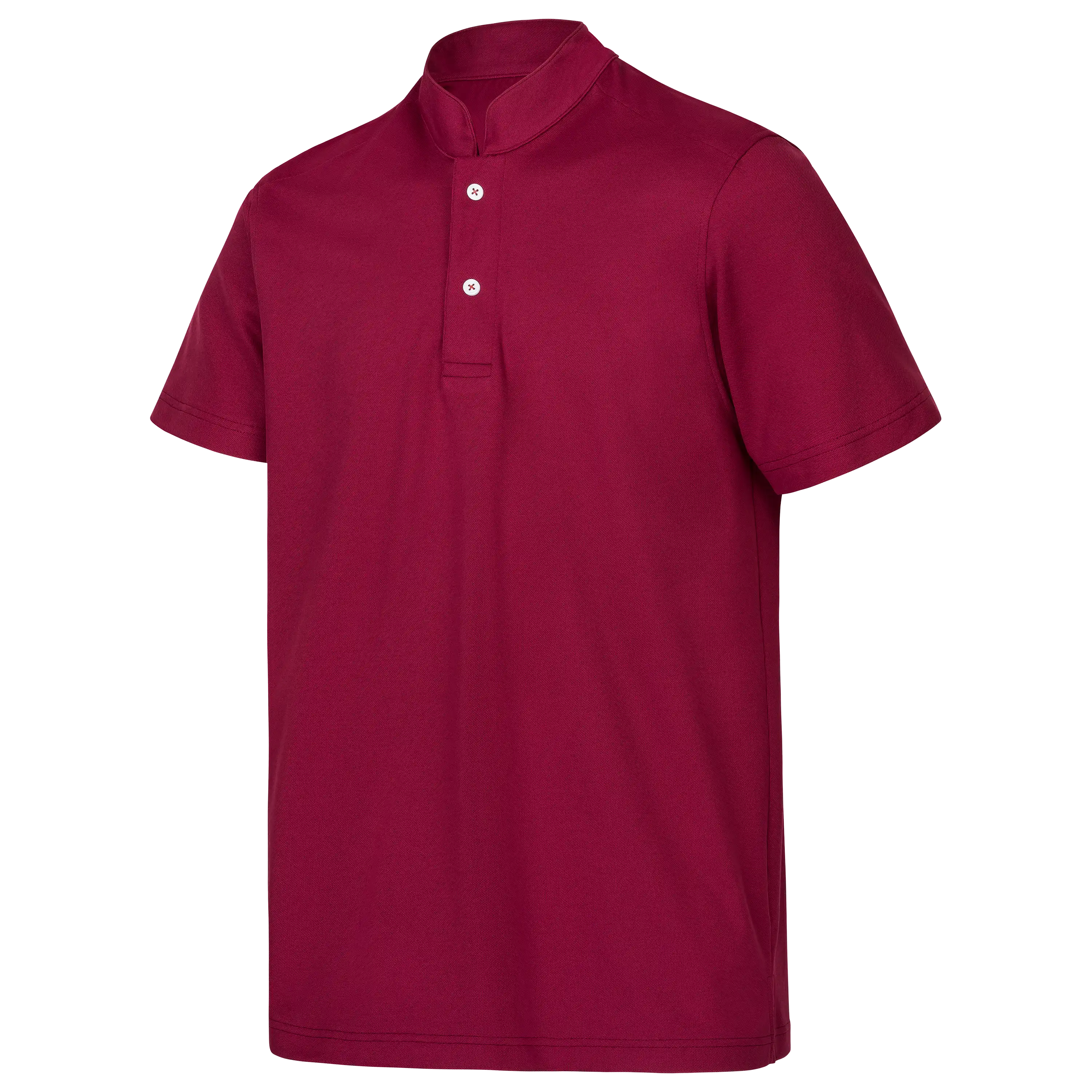 Professionelle Produktfotografie eines weinroten Kurzarm-Shirts mit Stehkragen für die Textilfotografie von PRO-ducto.