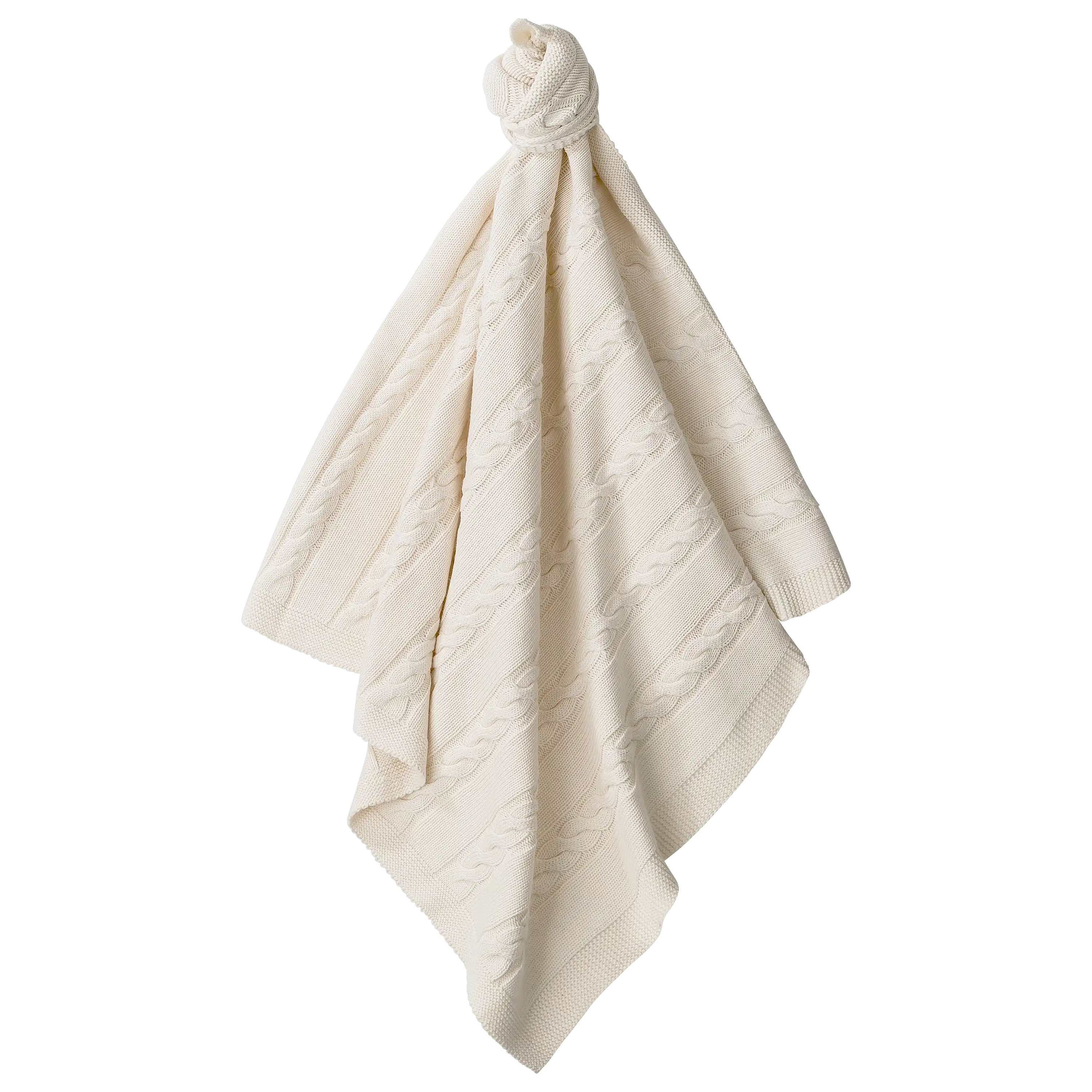PRO-ducto GmbH Professionelle Produktfotografie als Freisteller: Eine cremefarbene Strickdecke mit Zopfmuster, ideal für hochwertige Produktbilder erstellen lassen. Produktfotografie