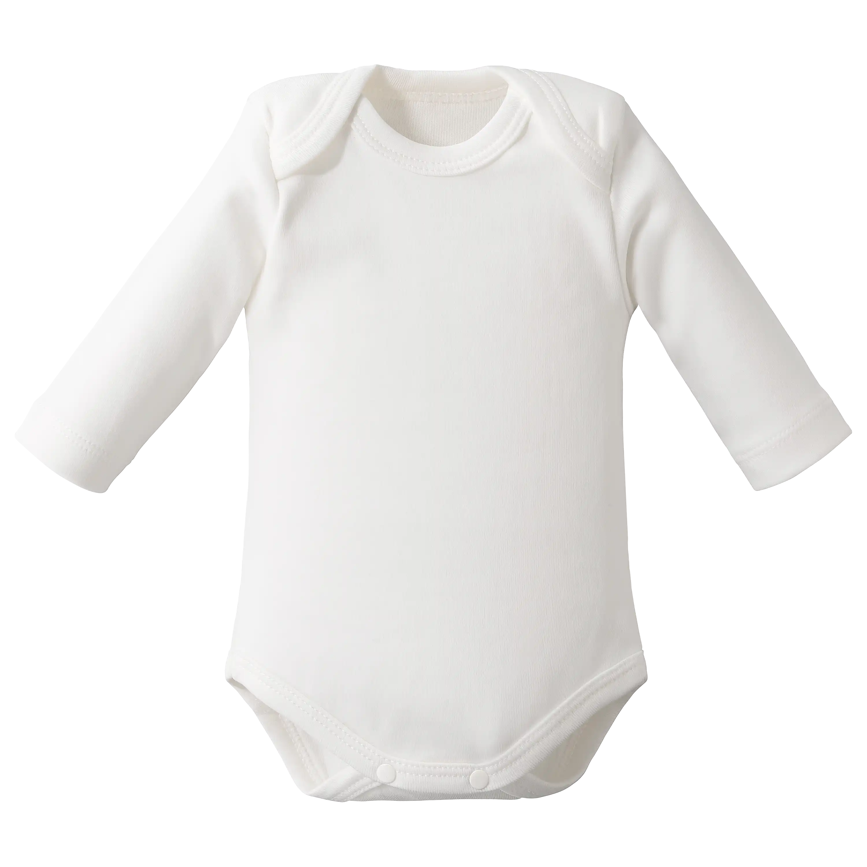 Ein weißer Babybody mit langen Ärmeln für professionelle Produktfotografie von PRO-ducto GmbH, ideal um hochwertige Textilfotografie zu präsentieren.