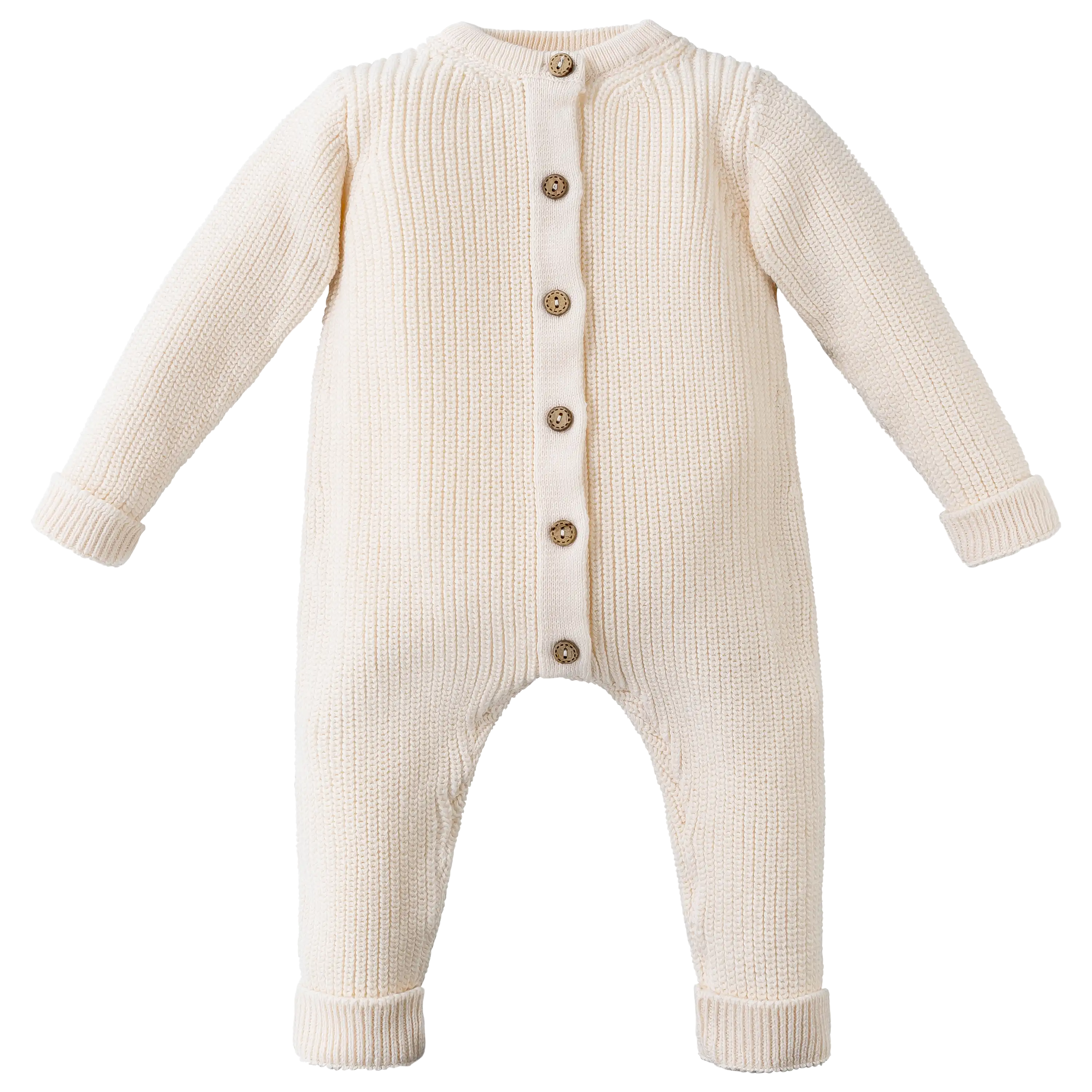 Professionelle Produktfotografie von PRO-ducto GmbH: Ein beiger Baby-Strickanzug mit Knöpfen, ideal für hochwertige Textilfotografie und Produktbilder.
