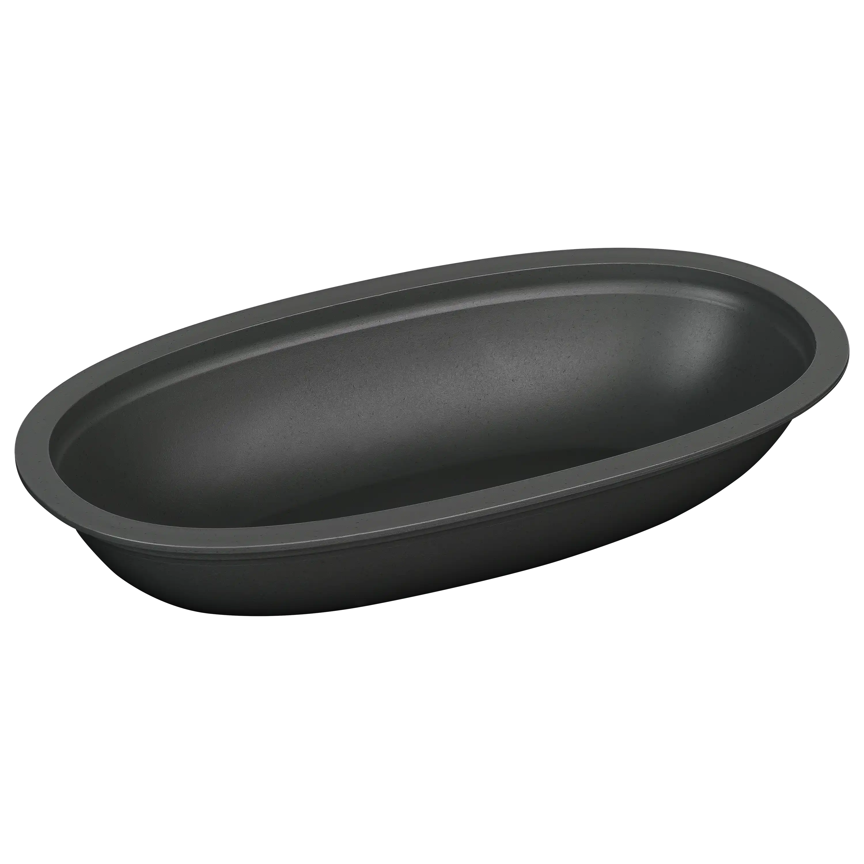 Eine ovale, dunkelgraue Backform aus Metall für professionelle Produktfotos von PRO-ducto GmbH vor schwarzem Hintergrund.