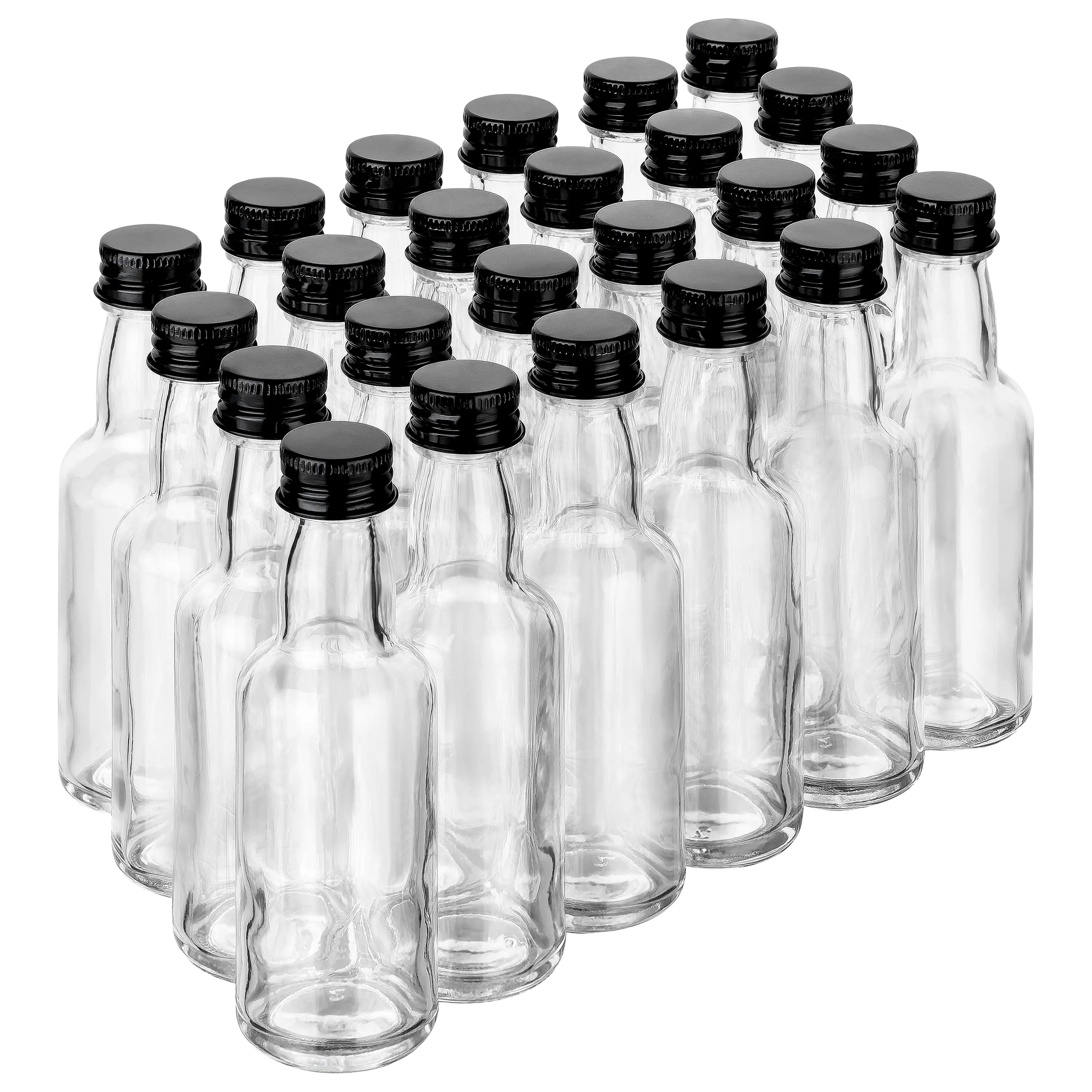 Mehrere leere Glasflaschen mit schwarzem Schraubverschluss für professionelle Produktfotos von PRO-ducto GmbH.