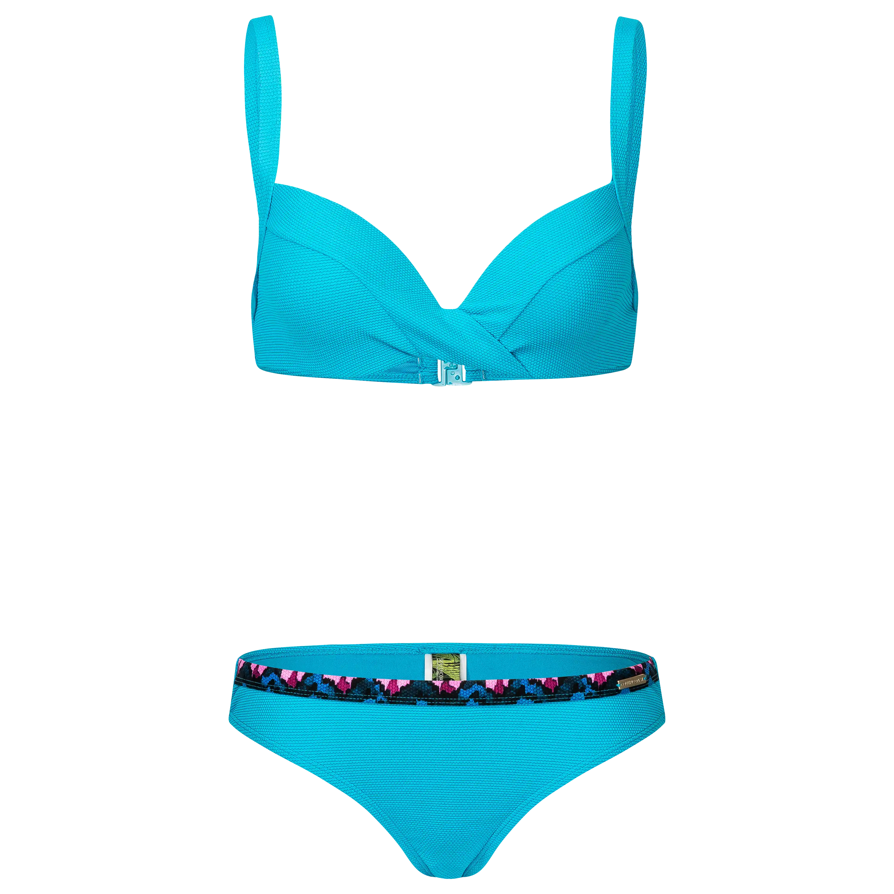 Professionelle Produktfotografie von PRO-ducto GmbH: Ein türkisfarbener Bikini mit gemustertem Bund, ideal für hochwertige Textilfotografie von Bademode.