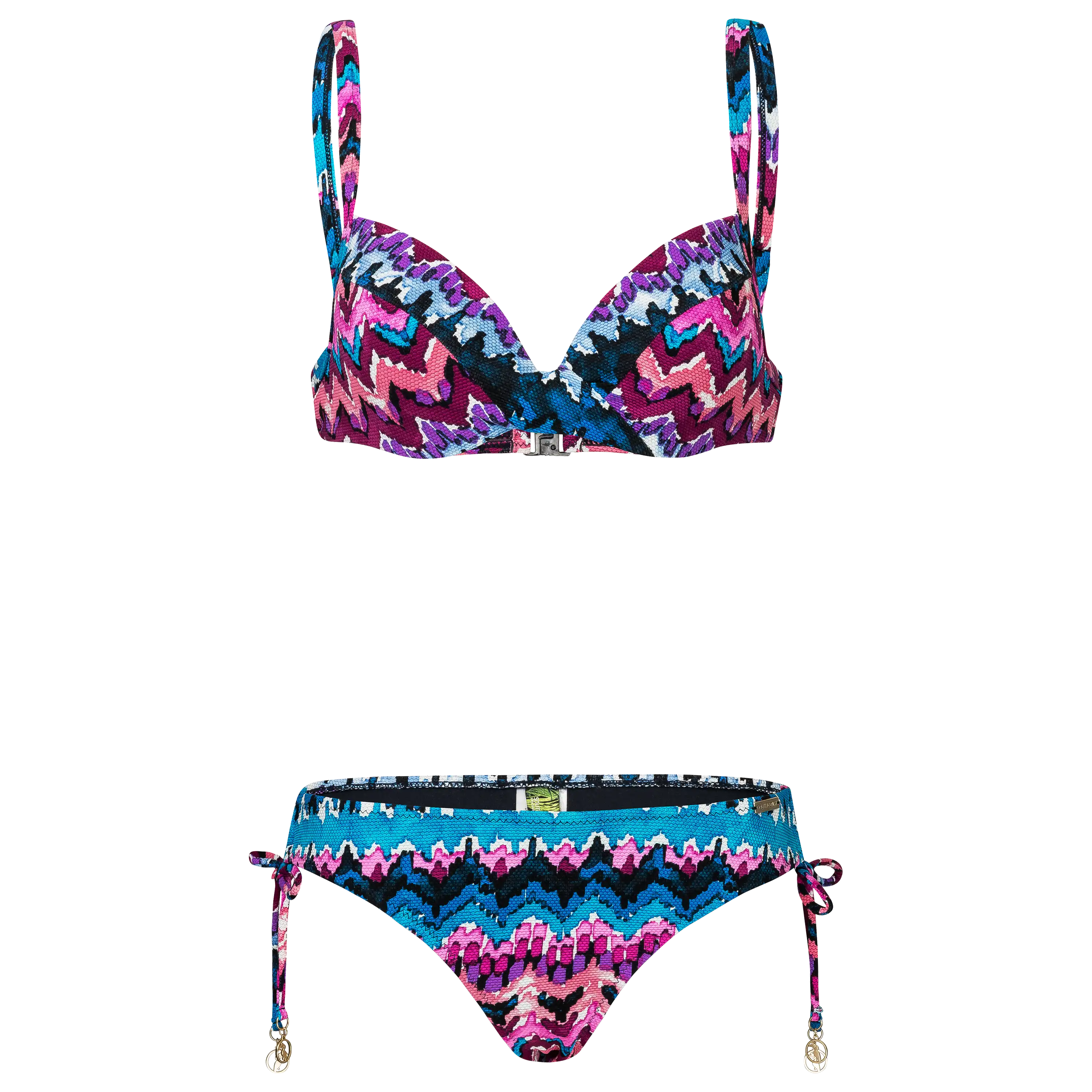 Professionelle Produktfotografie eines bunten Bikinis mit Zickzack-Muster, ideal für Textilfotografie durch die PRO-ducto GmbH für Ihren Online-Shop.
