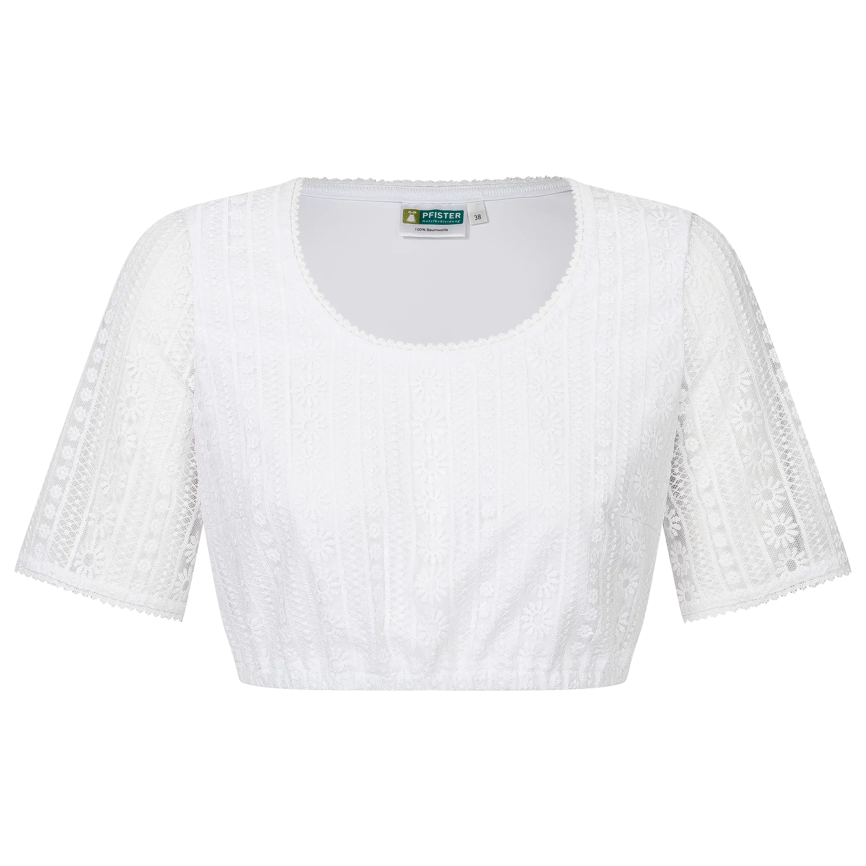 Weiße Trachtenbluse mit Spitzenmuster für professionelle Produktfotografie von PRO-ducto GmbH bei Textilfotografie.
