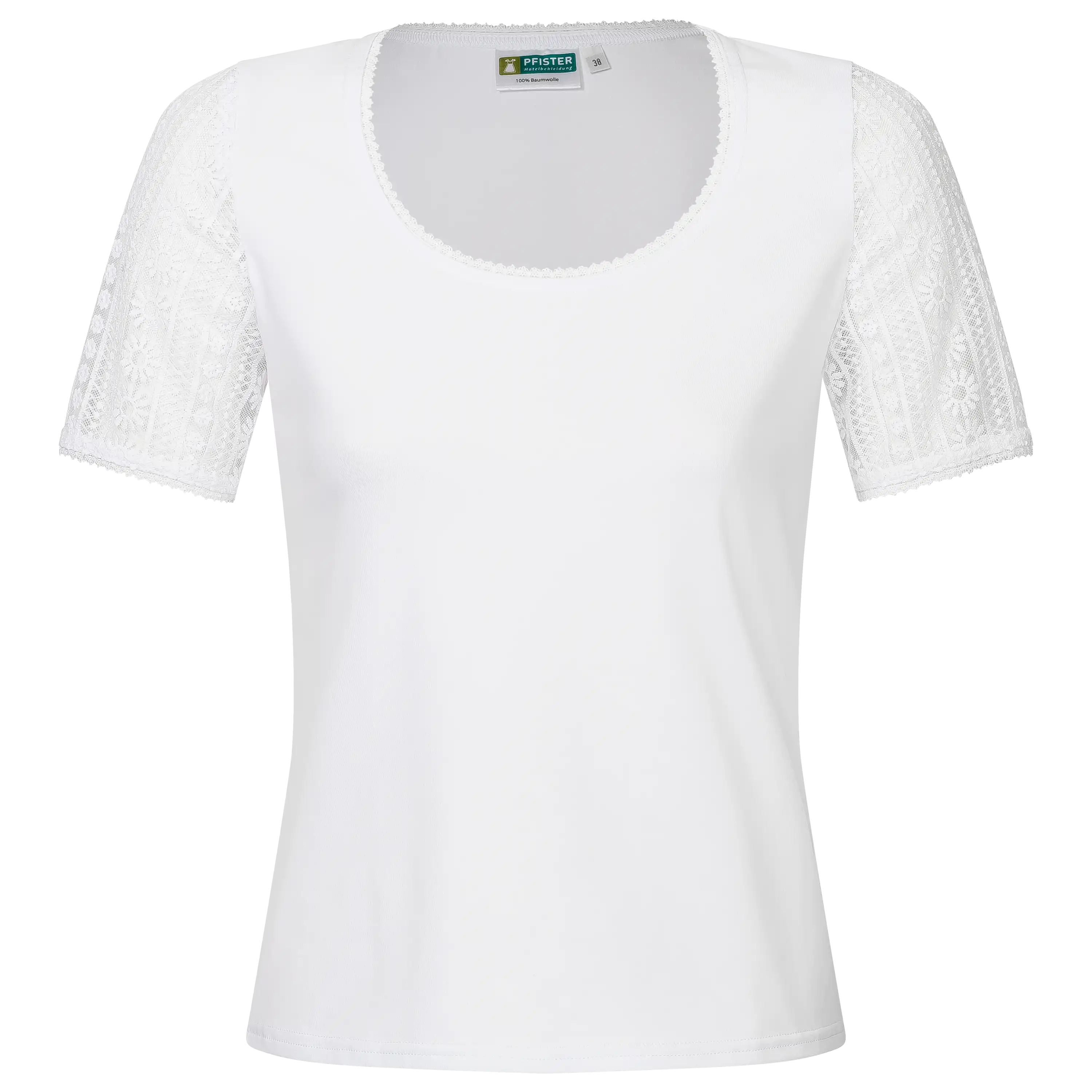 Weißes Damen-T-Shirt von PFISTER mit Spitzenärmeln für professionelle Produktfotografie von PRO-ducto GmbH.