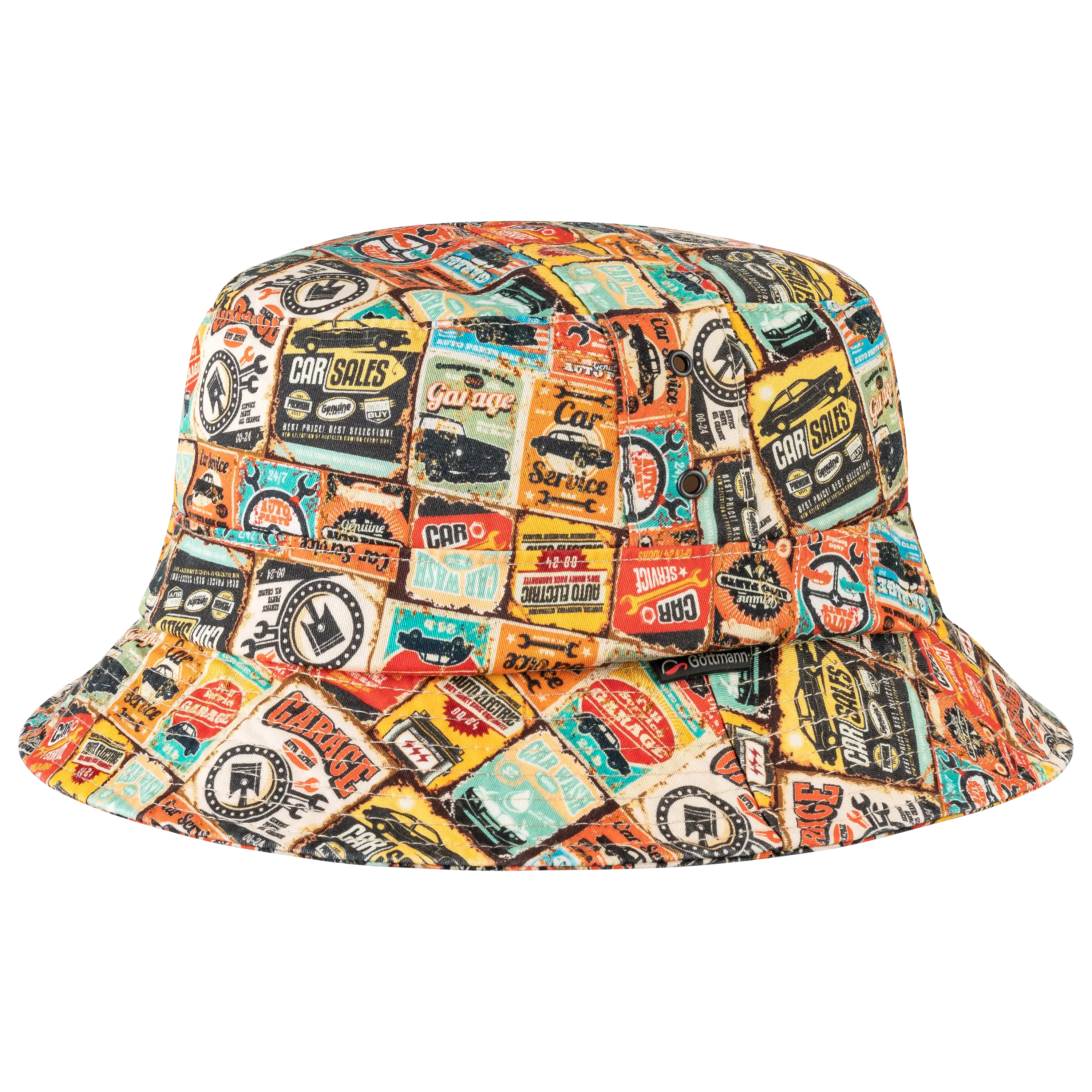 Professionelle Produktfotografie eines bunten Fischerhuts mit Retro-Autowerkstatt-Print. Perfekter Freisteller für hochwertige Textilfotografie. PRO-ducto GmbH
