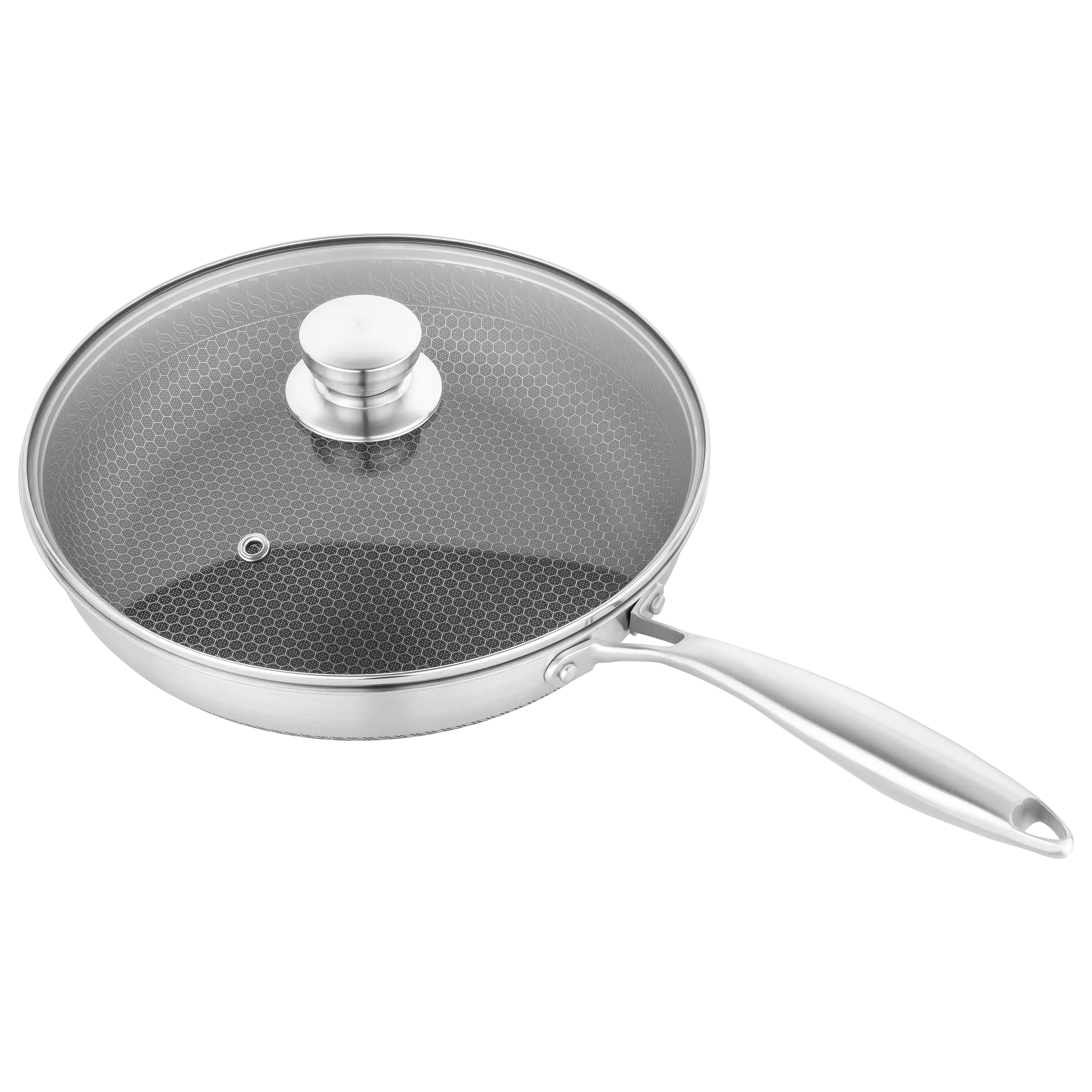 Edelstahlpfanne mit Wabenstruktur-Beschichtung und passendem Glasdeckel für professionelle Produktfotografie.