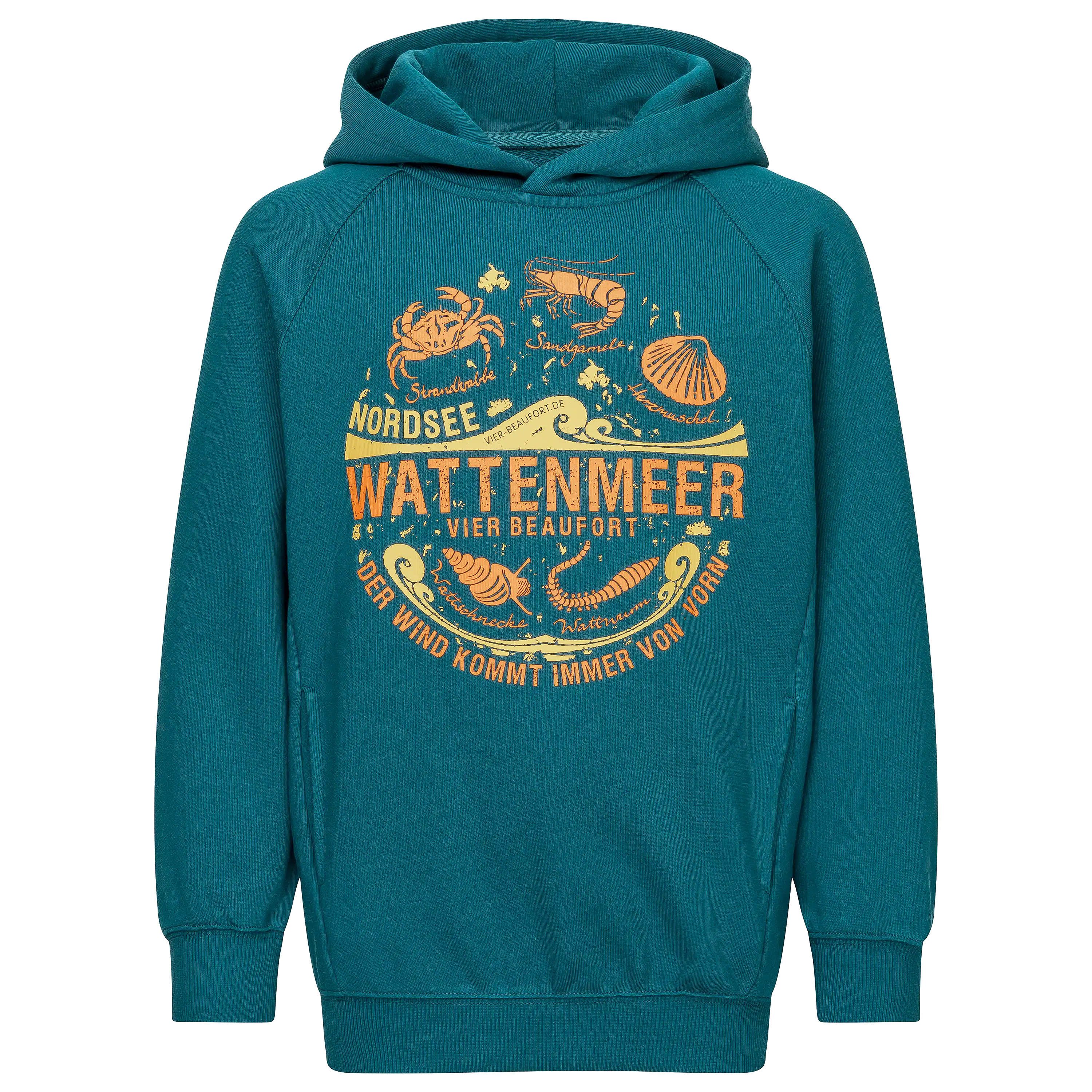 Türkisfarbener Kapuzenpullover von PRO-ducto GmbH mit Wattenmeer-Print. Professionelle Textilfotografie für hochwertige Produktfotos von Bekleidung.